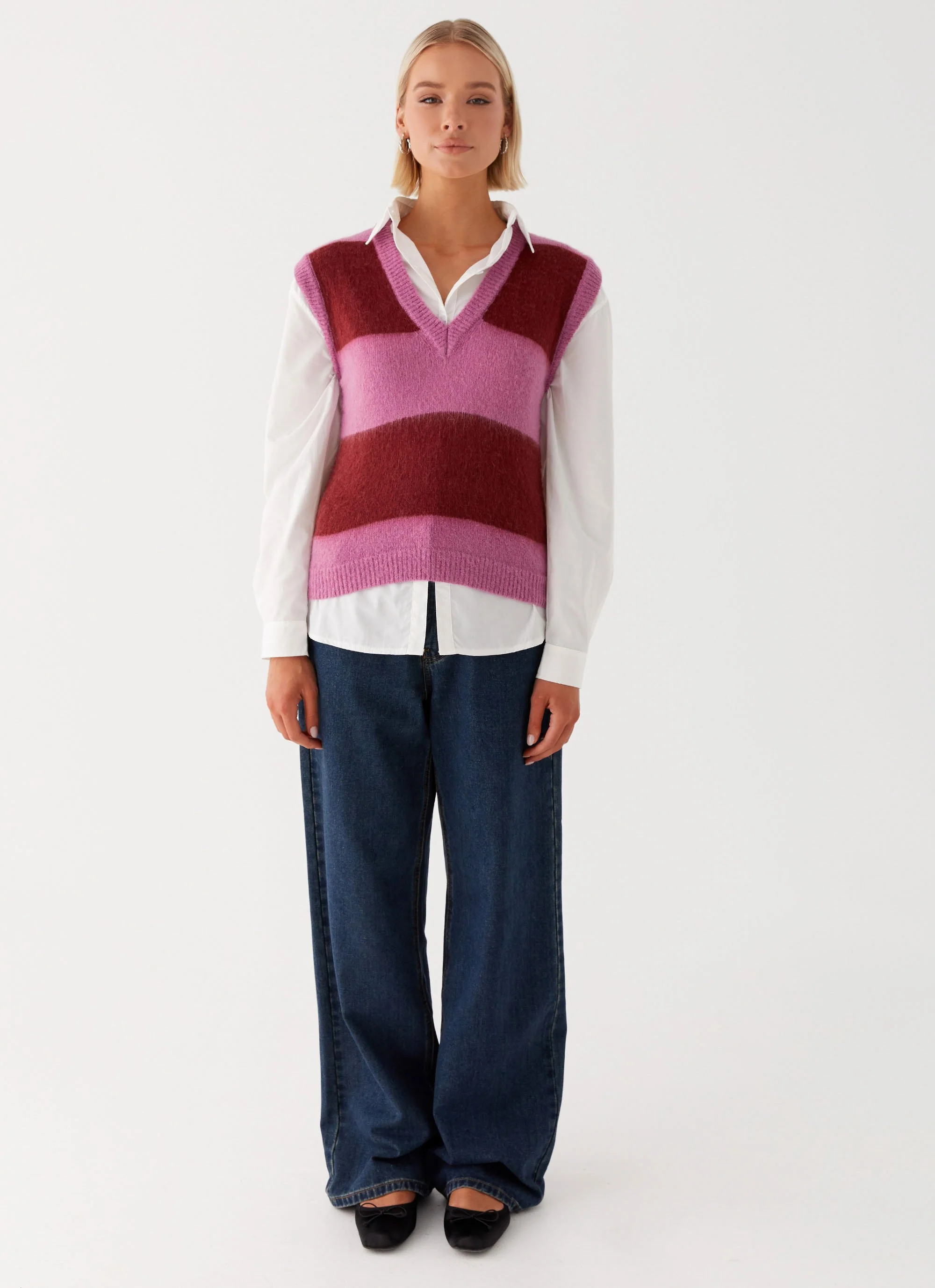 Savannah Fuzzy Knit Vest - Red Pink Stripe - Image 3