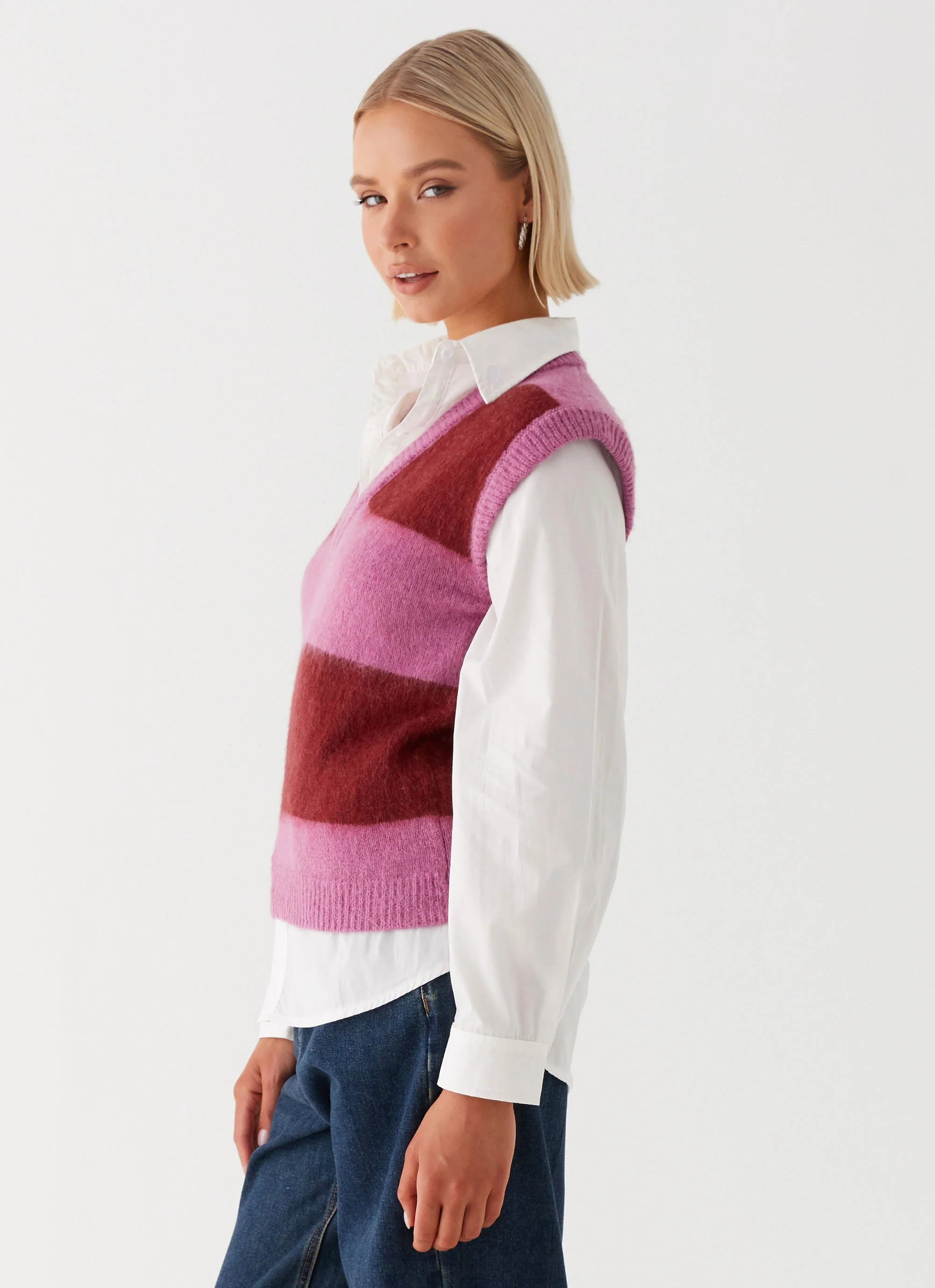 Savannah Fuzzy Knit Vest - Red Pink Stripe - Image 4