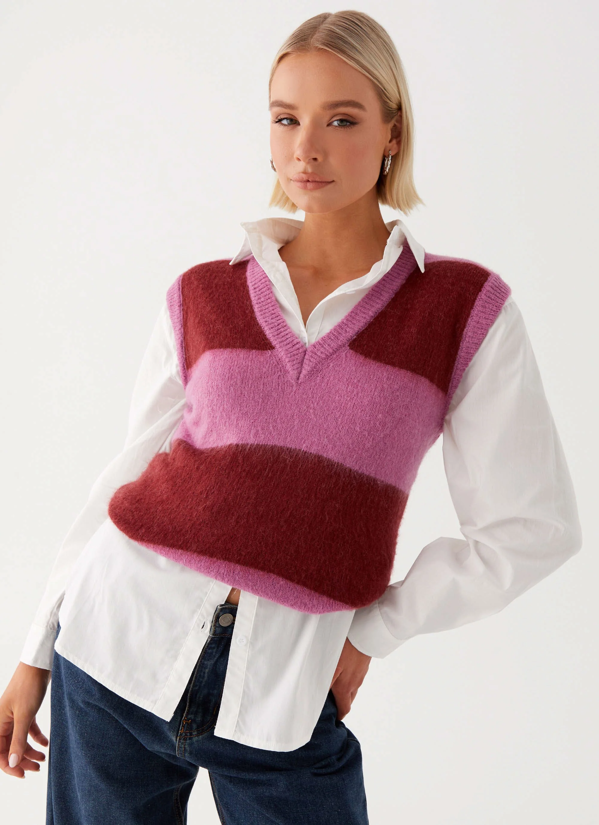 Savannah Fuzzy Knit Vest - Red Pink Stripe - Image 6