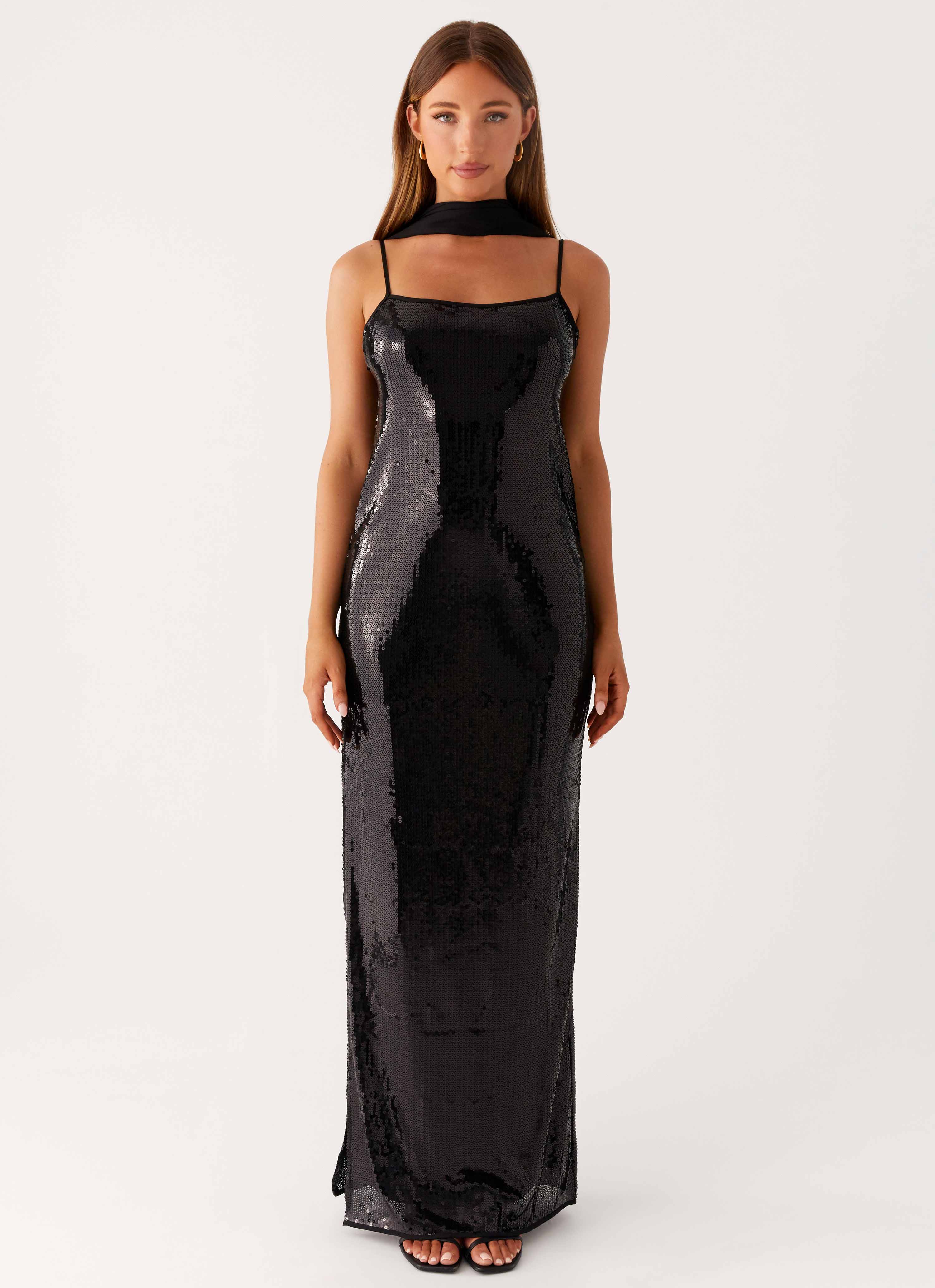 Scarf Neck Sequins Maxi Dress - Black - Image 4