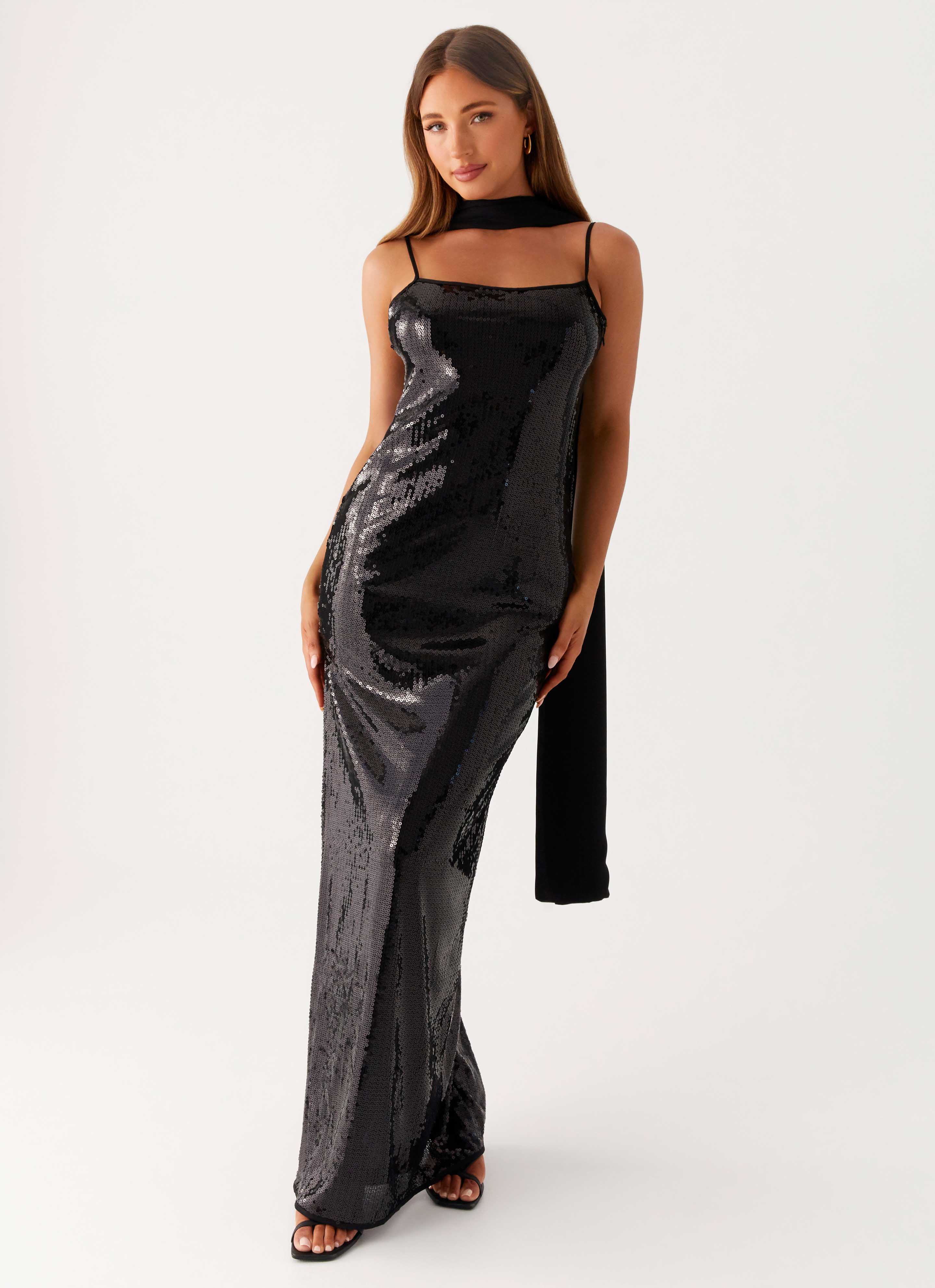Scarf Neck Sequins Maxi Dress - Black - Image 5