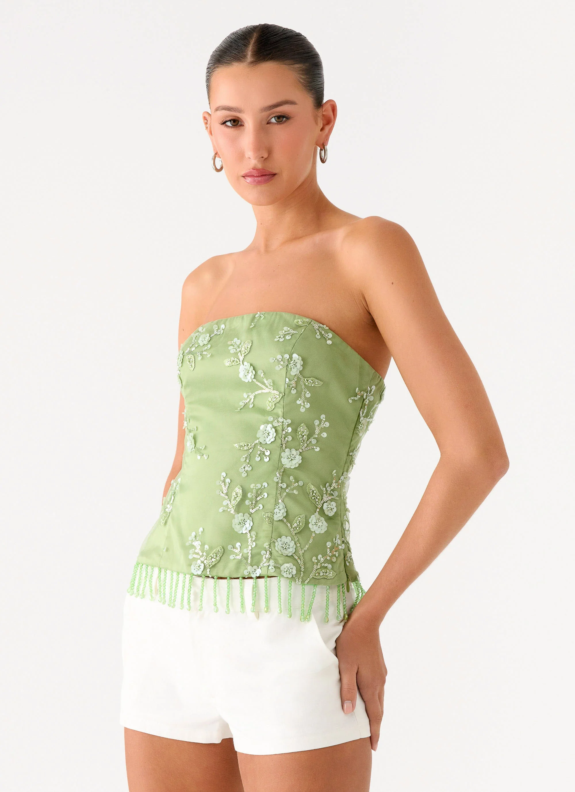 Sea Garden Beaded Strapless Top - Green - Image 5