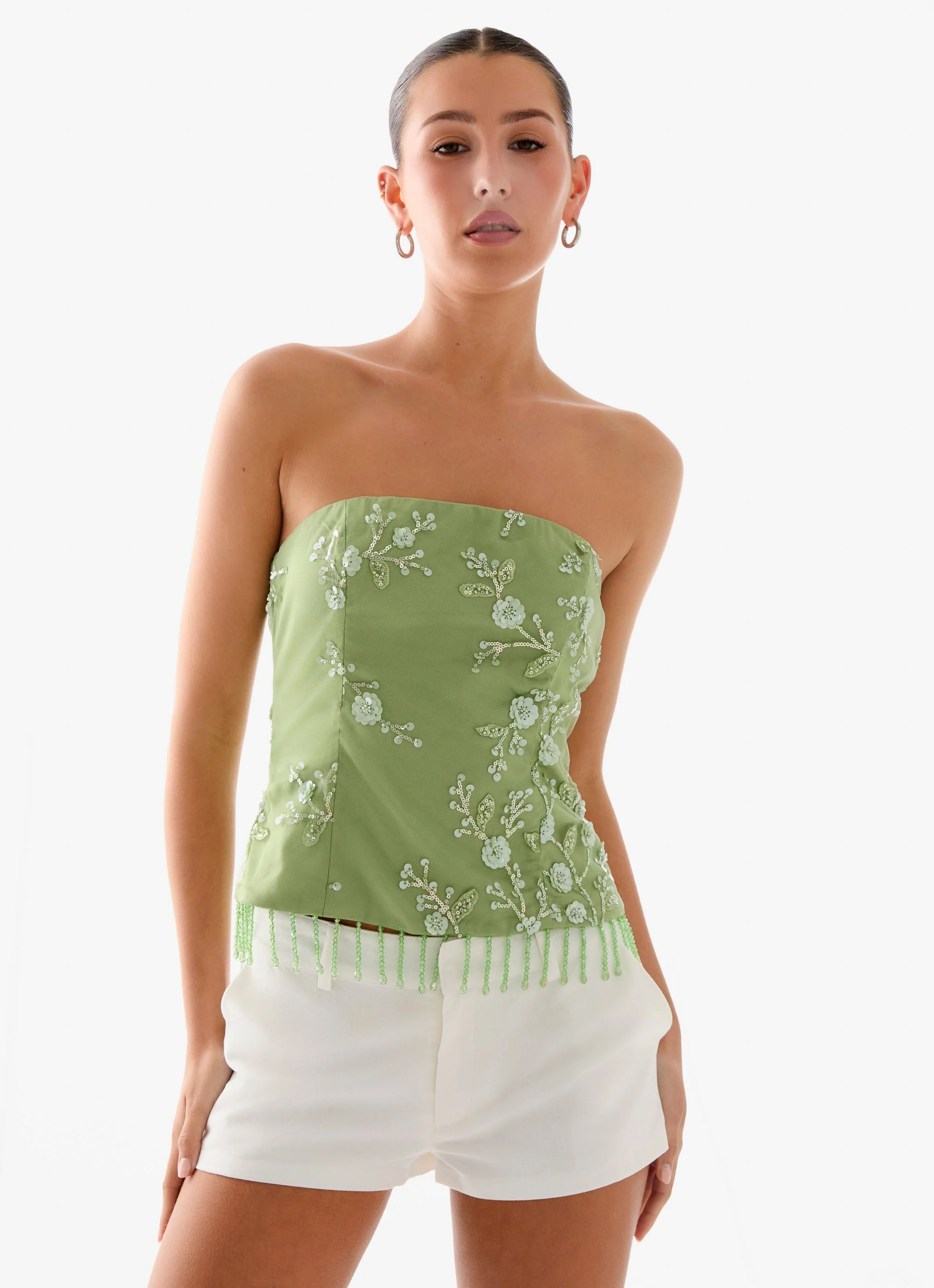 Sea Garden Beaded Strapless Top - Green - Image 7