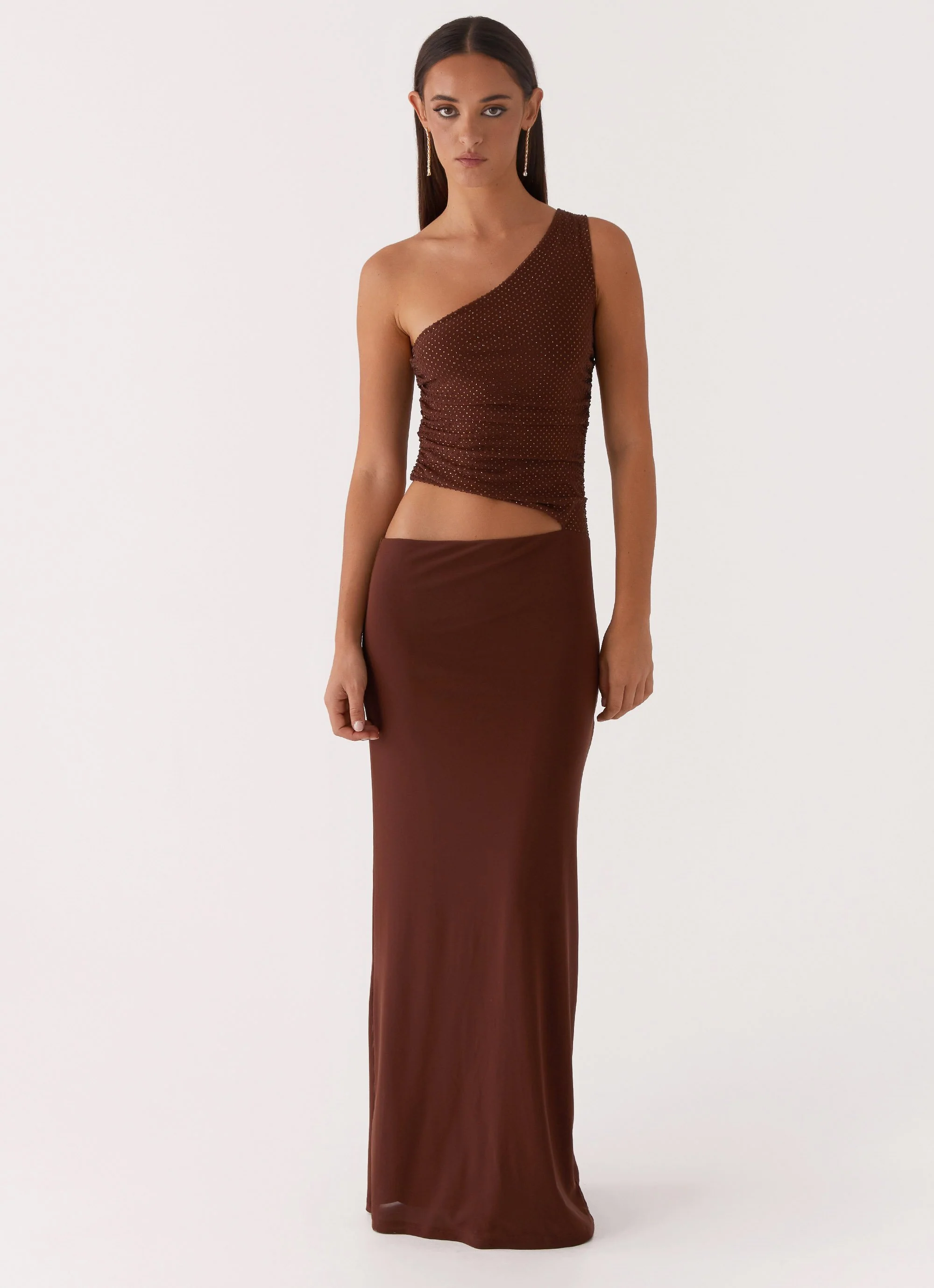 Seranella Sequin One Shoulder Maxi Dress - Chocolate - Image 2