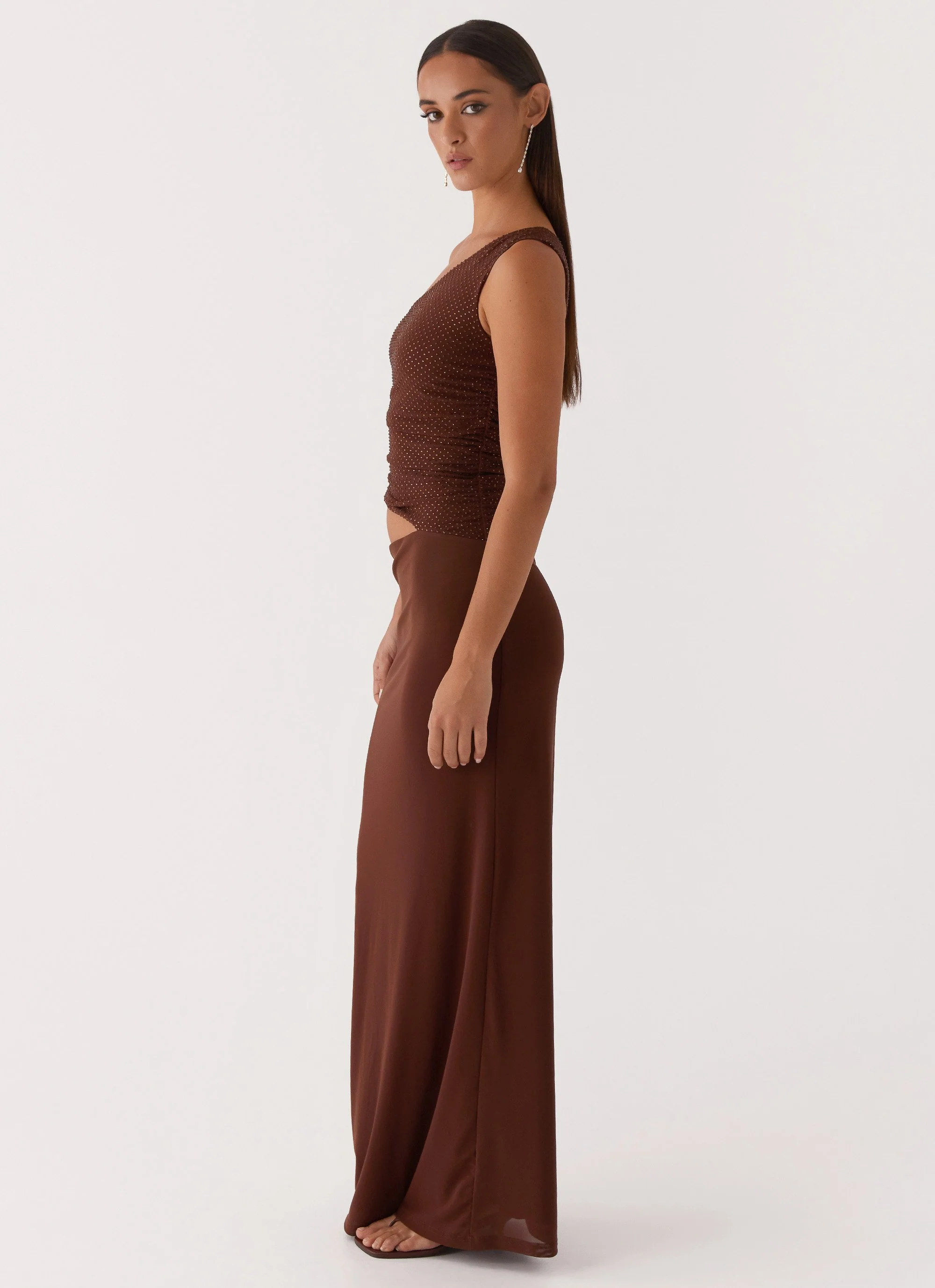 Seranella Sequin One Shoulder Maxi Dress - Chocolate - Image 3