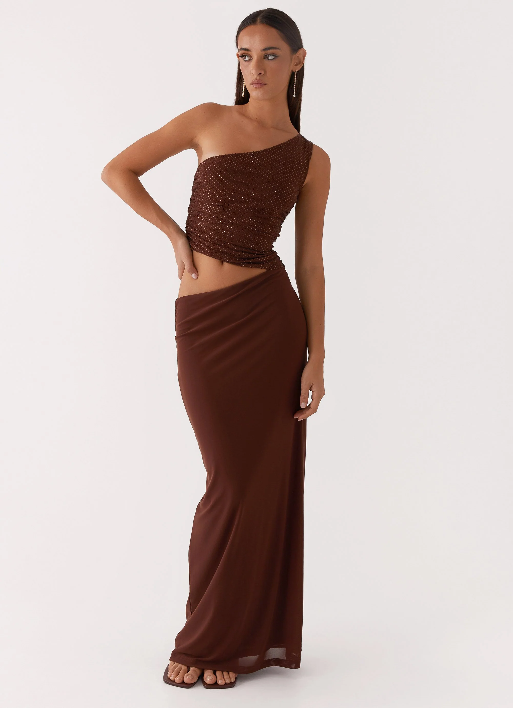 Seranella Sequin One Shoulder Maxi Dress - Chocolate - Image 5