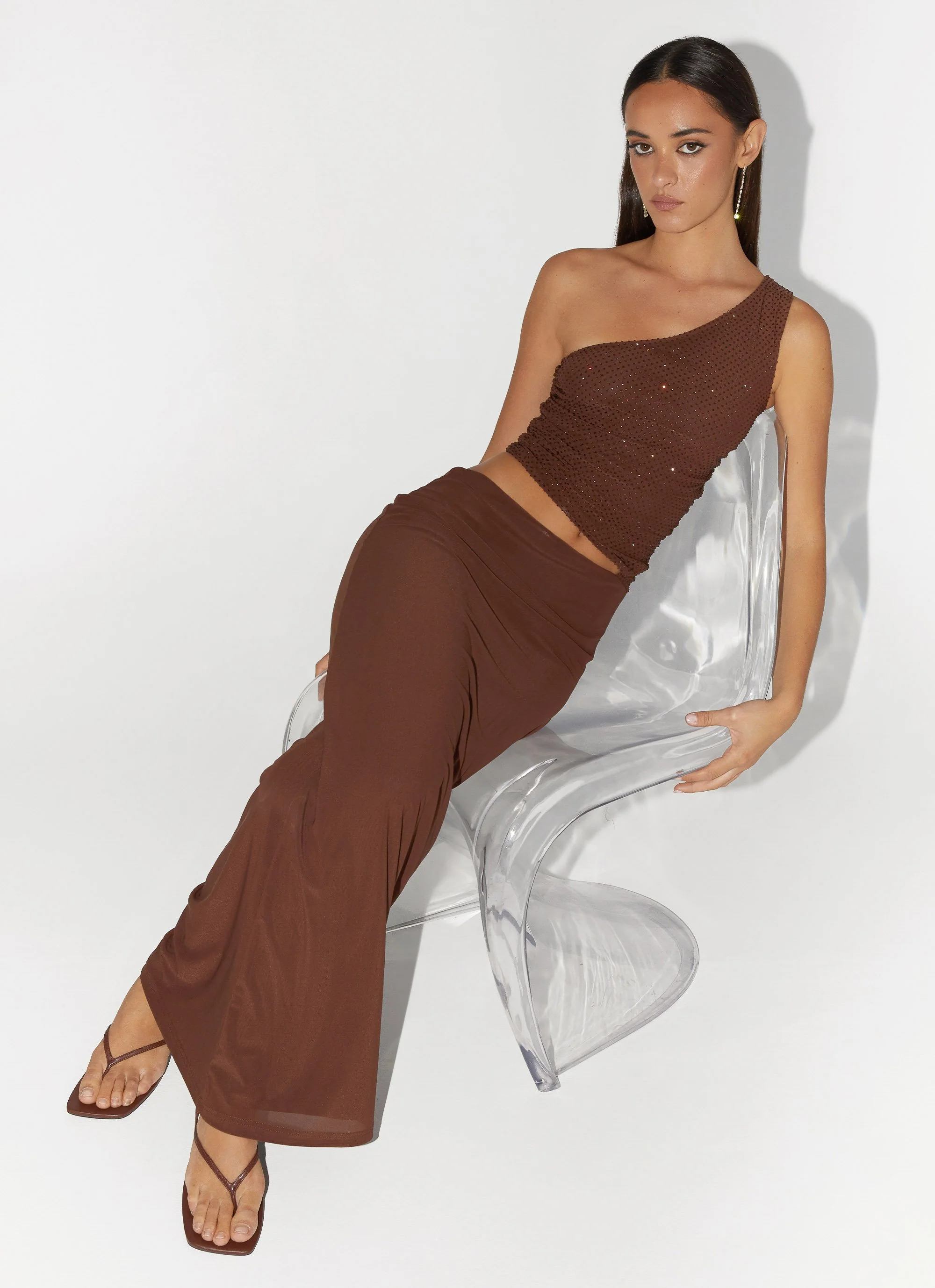 Seranella Sequin One Shoulder Maxi Dress - Chocolate - Image 6