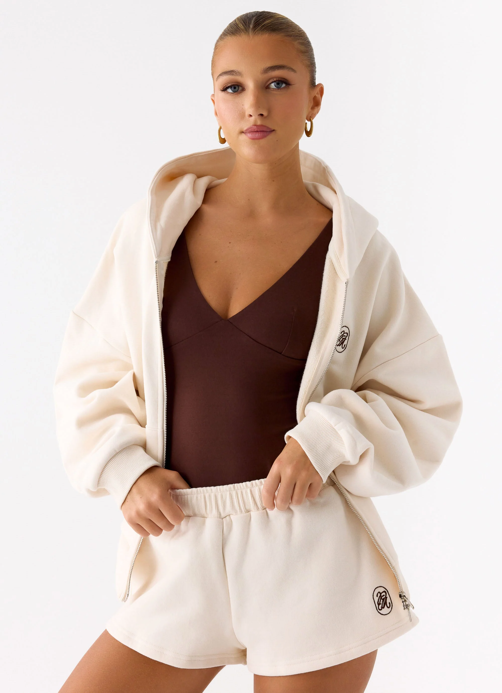Signature Double Zip Up Hoodie - Cream - Image 2