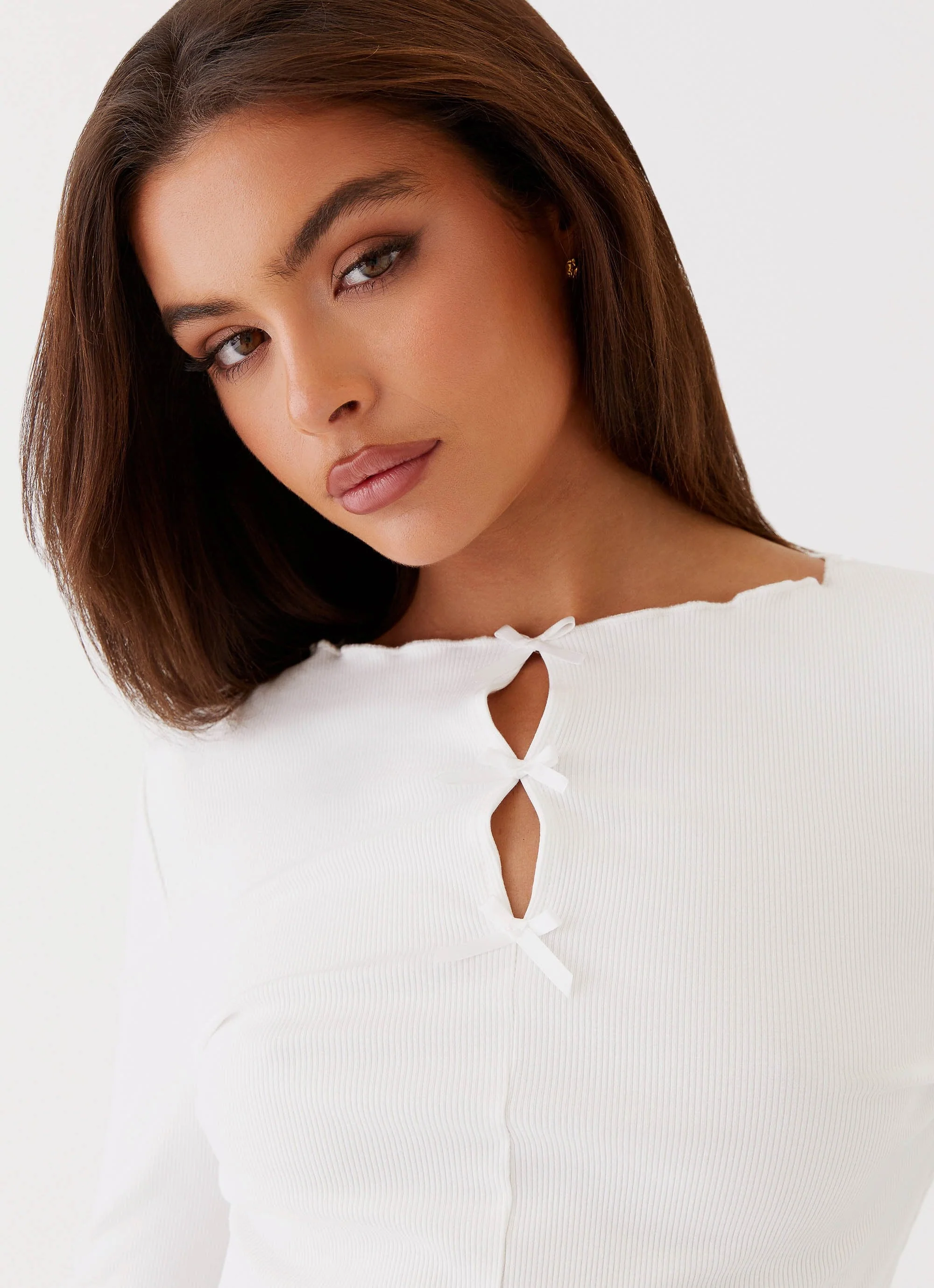 Simone Long Sleeve Bow Top - White - Image 6