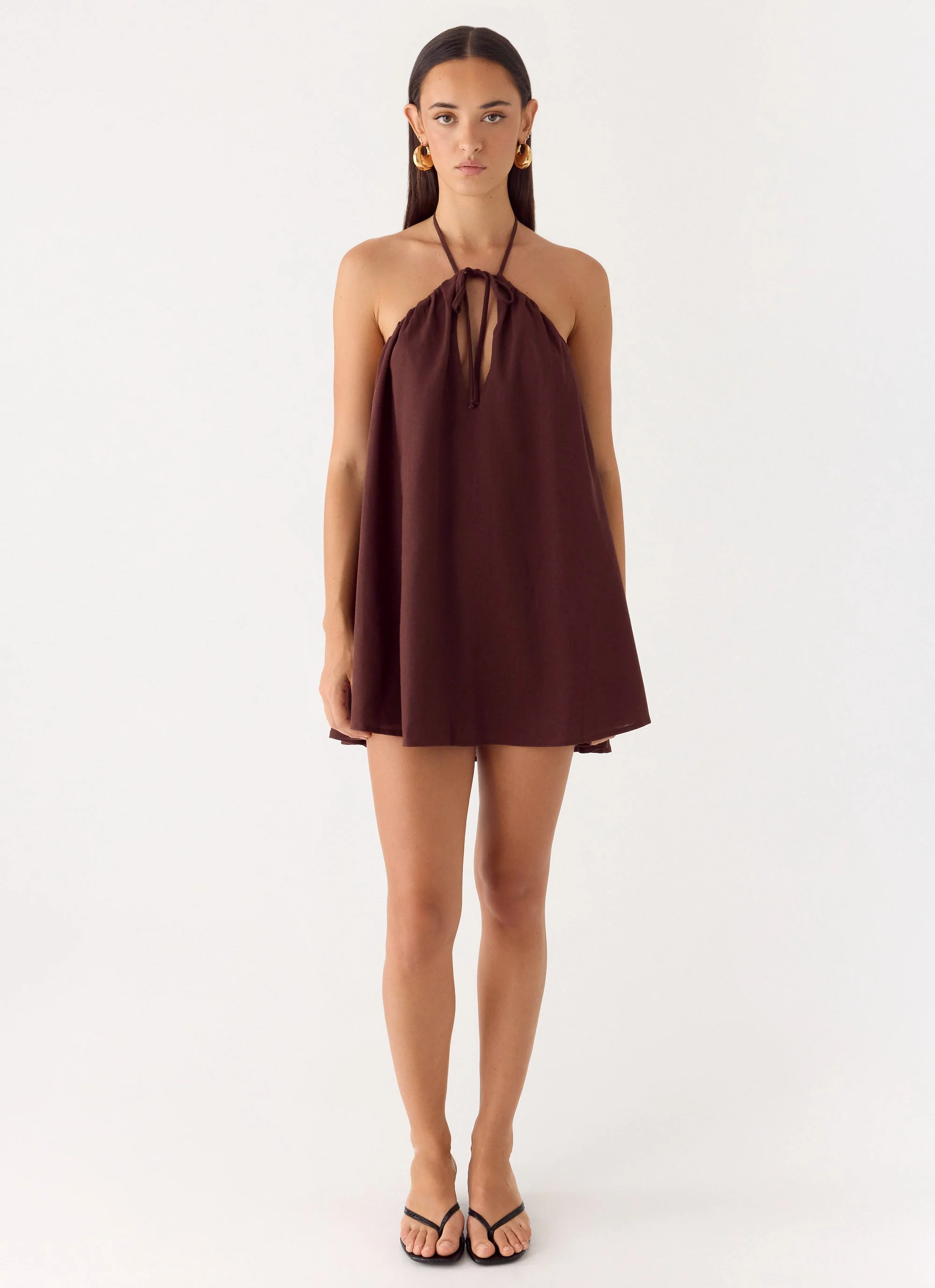 Soft Breeze Linen Mini Dress - Chocolate - Image 2