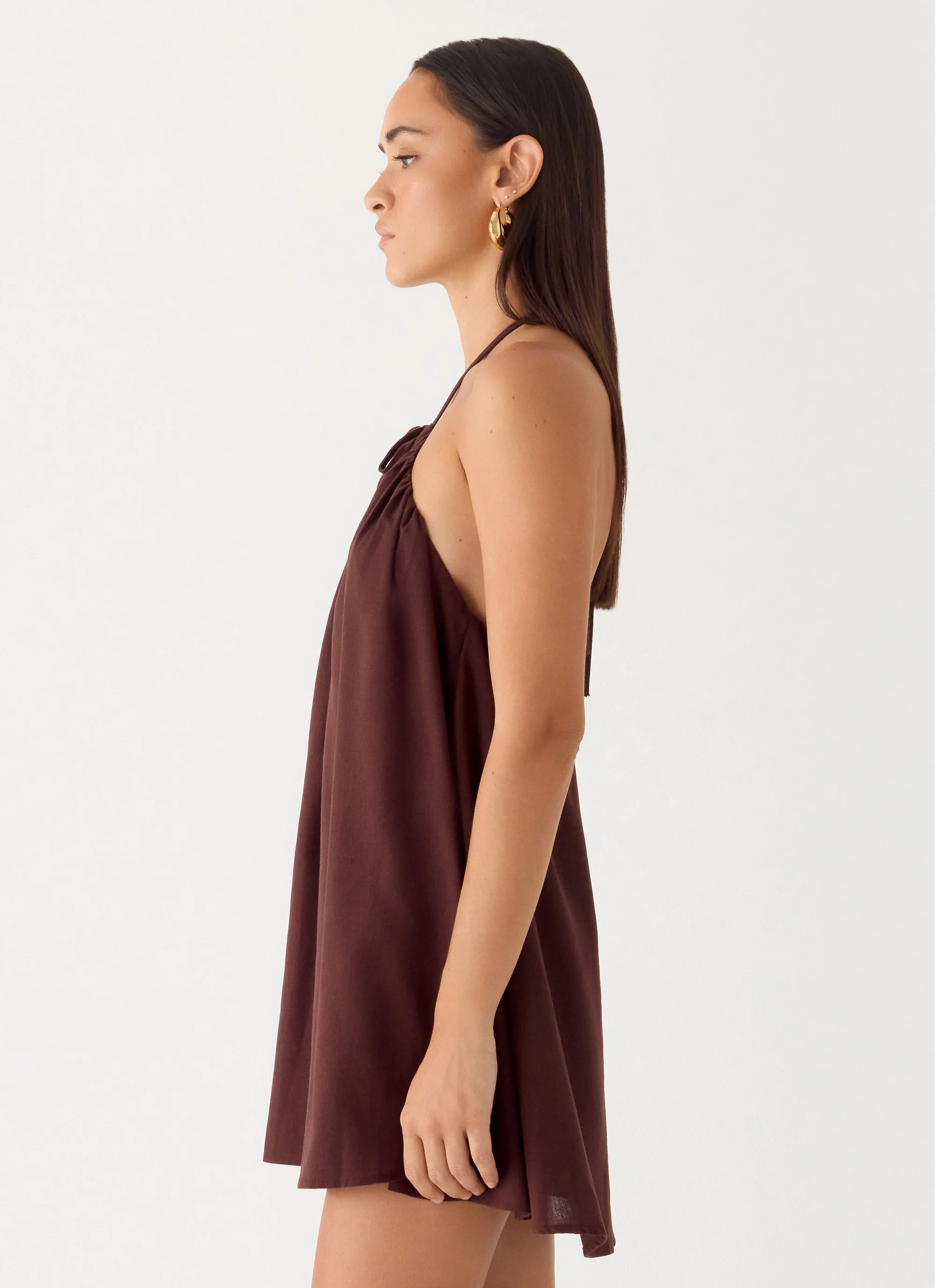 Soft Breeze Linen Mini Dress - Chocolate - Image 3