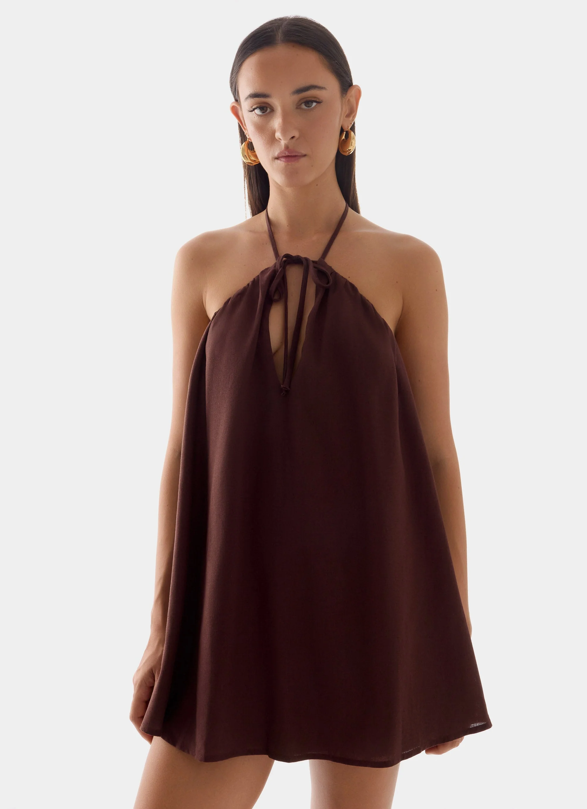 Soft Breeze Linen Mini Dress - Chocolate - Image 6