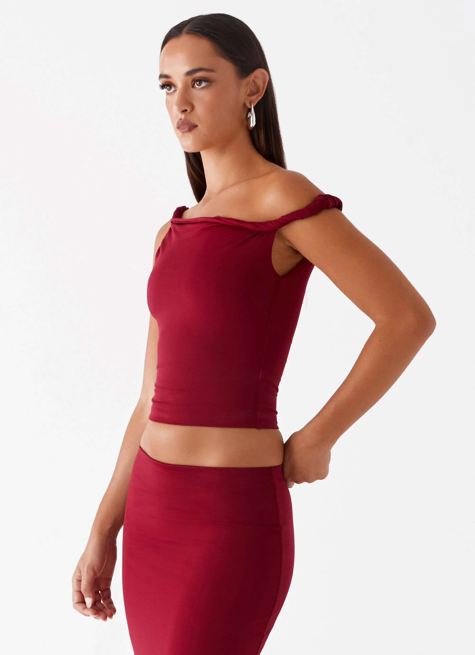 Solace Soul Twist Shoulder Top - Maroon - Image 3