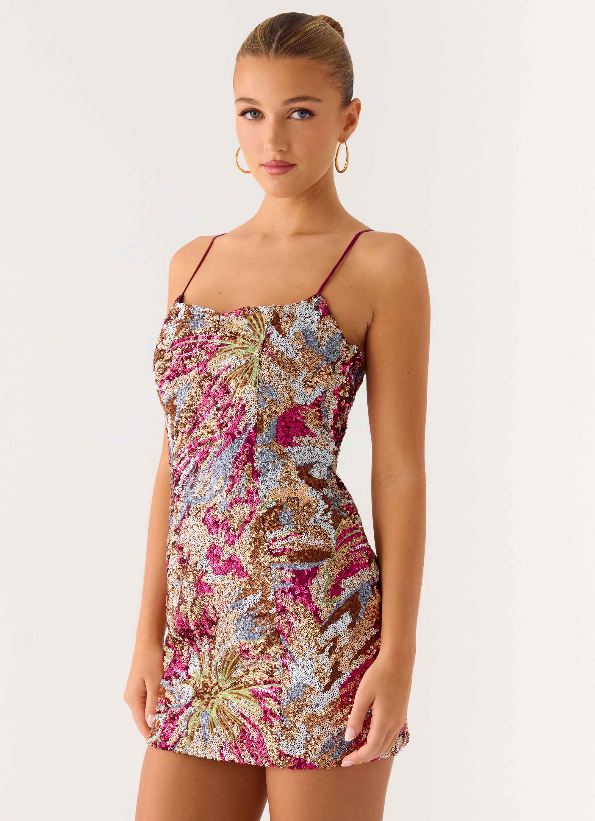 Soul Sound Sequin Mini Dress - Fuchsia Floral Beaded - Image 4