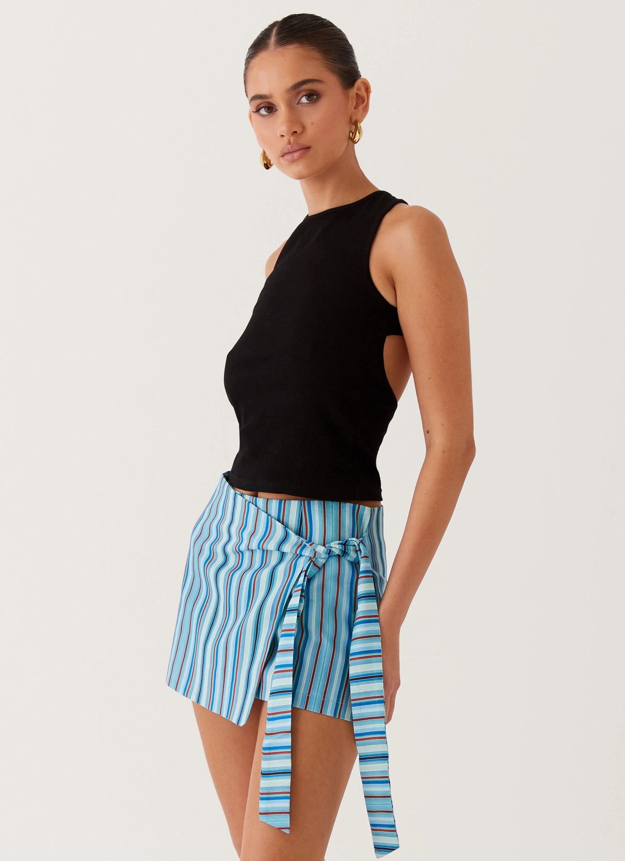 Steal Away Linen Wrap Skirt - Blue Stripe - Image 3
