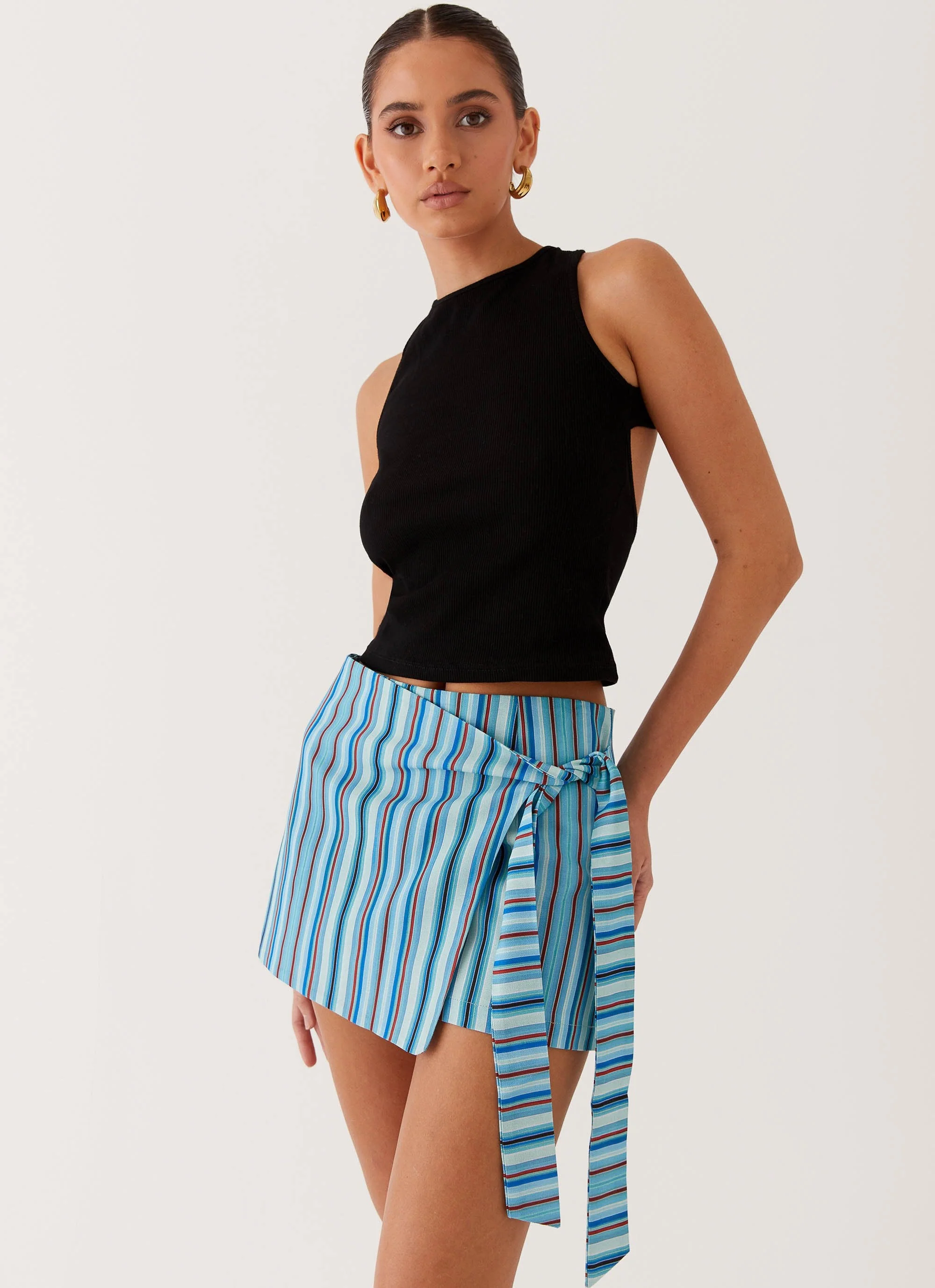 Steal Away Linen Wrap Skirt - Blue Stripe - Image 6