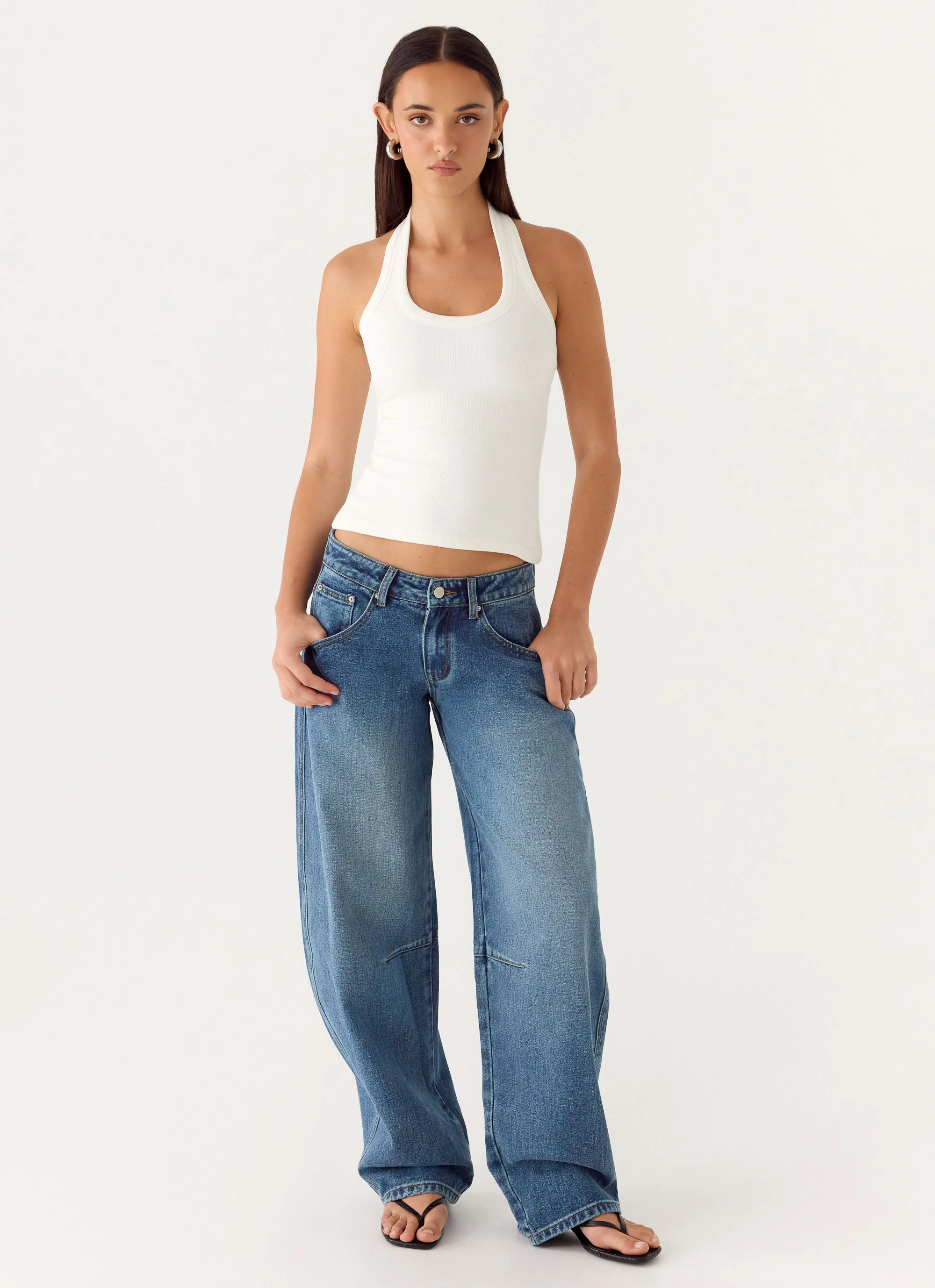 Stevie Low Rise Barrel Leg Denim Jeans - Mid Wash Blue - Image 6
