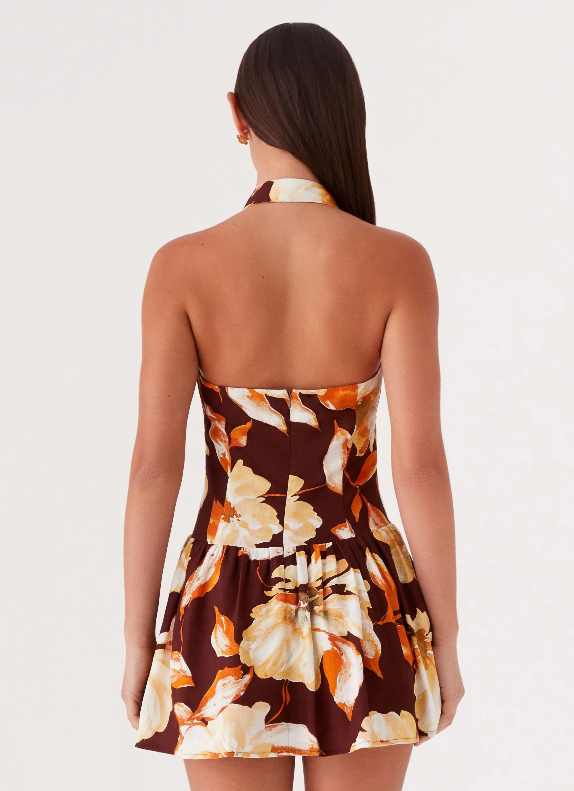 Sunset Ballad Linen Mini Dress - Brown Floral - Image 5