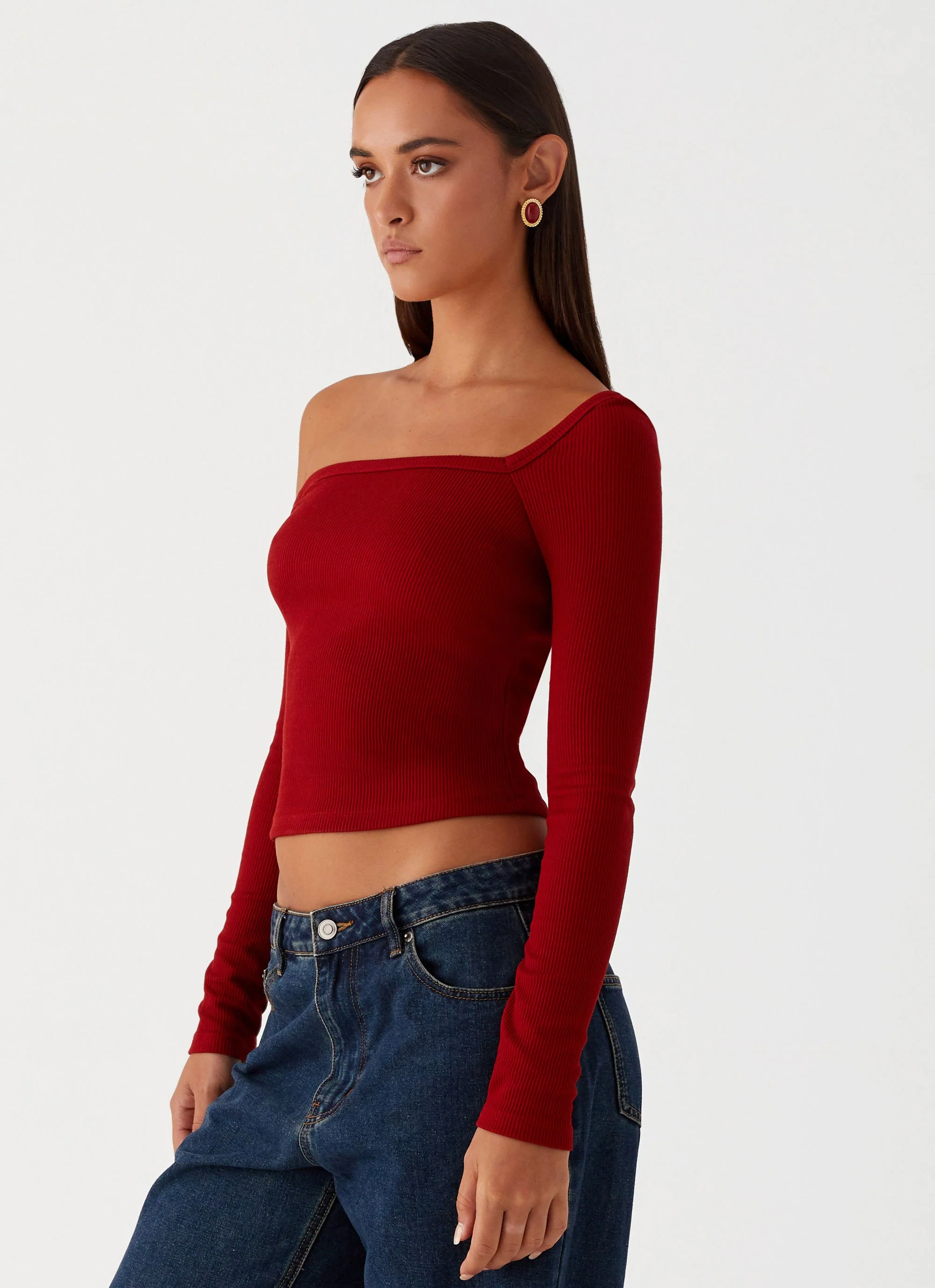 Talia Asymmetric Long Sleeve Top - Red - Image 3