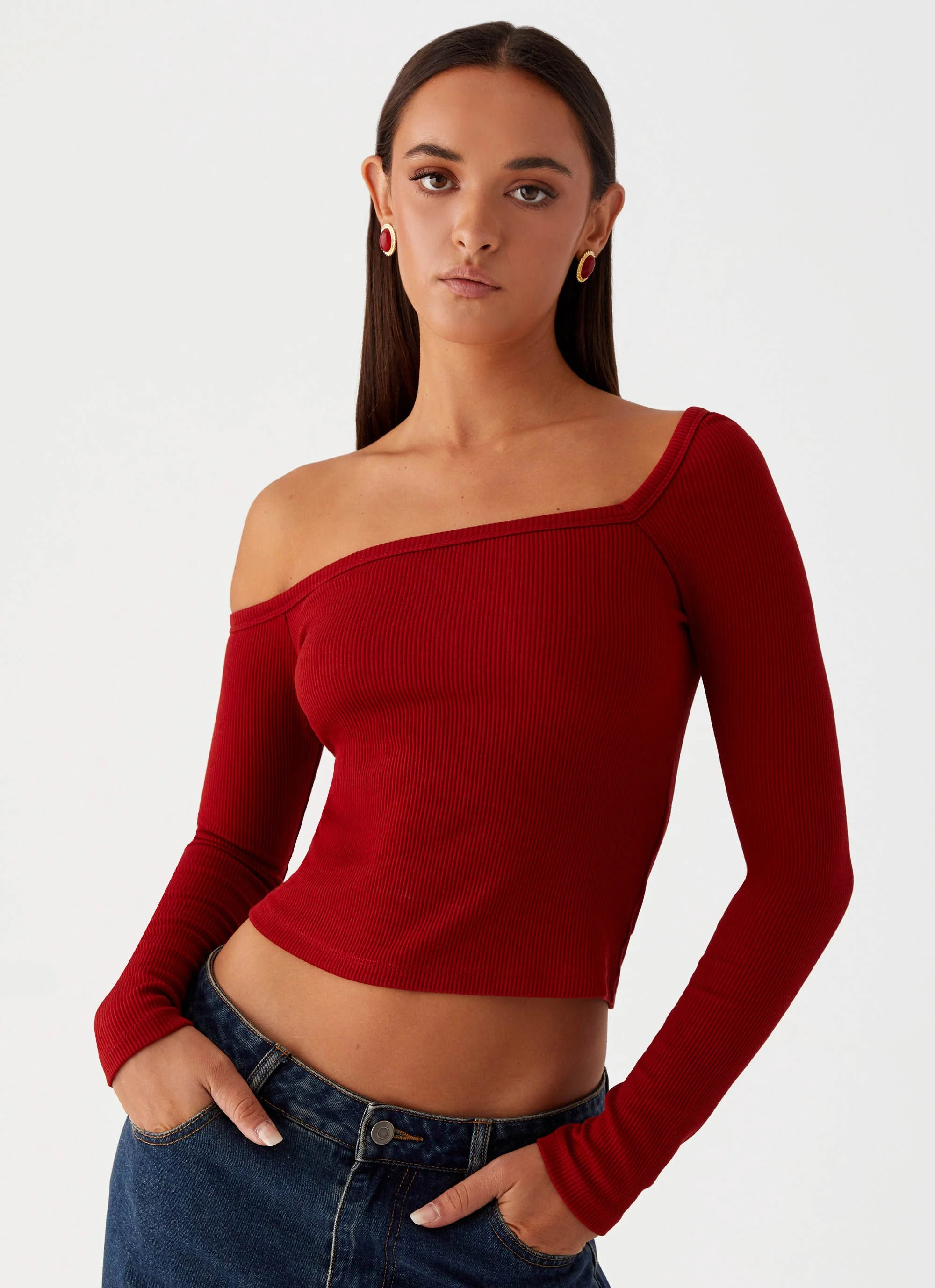 Talia Asymmetric Long Sleeve Top - Red - Image 5