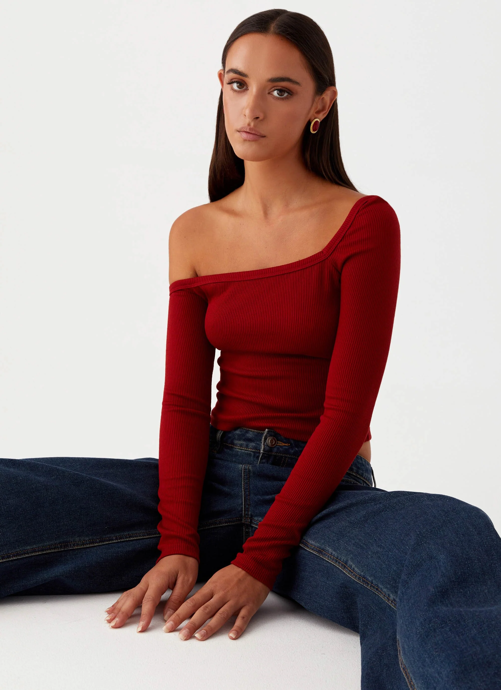 Talia Asymmetric Long Sleeve Top - Red - Image 6
