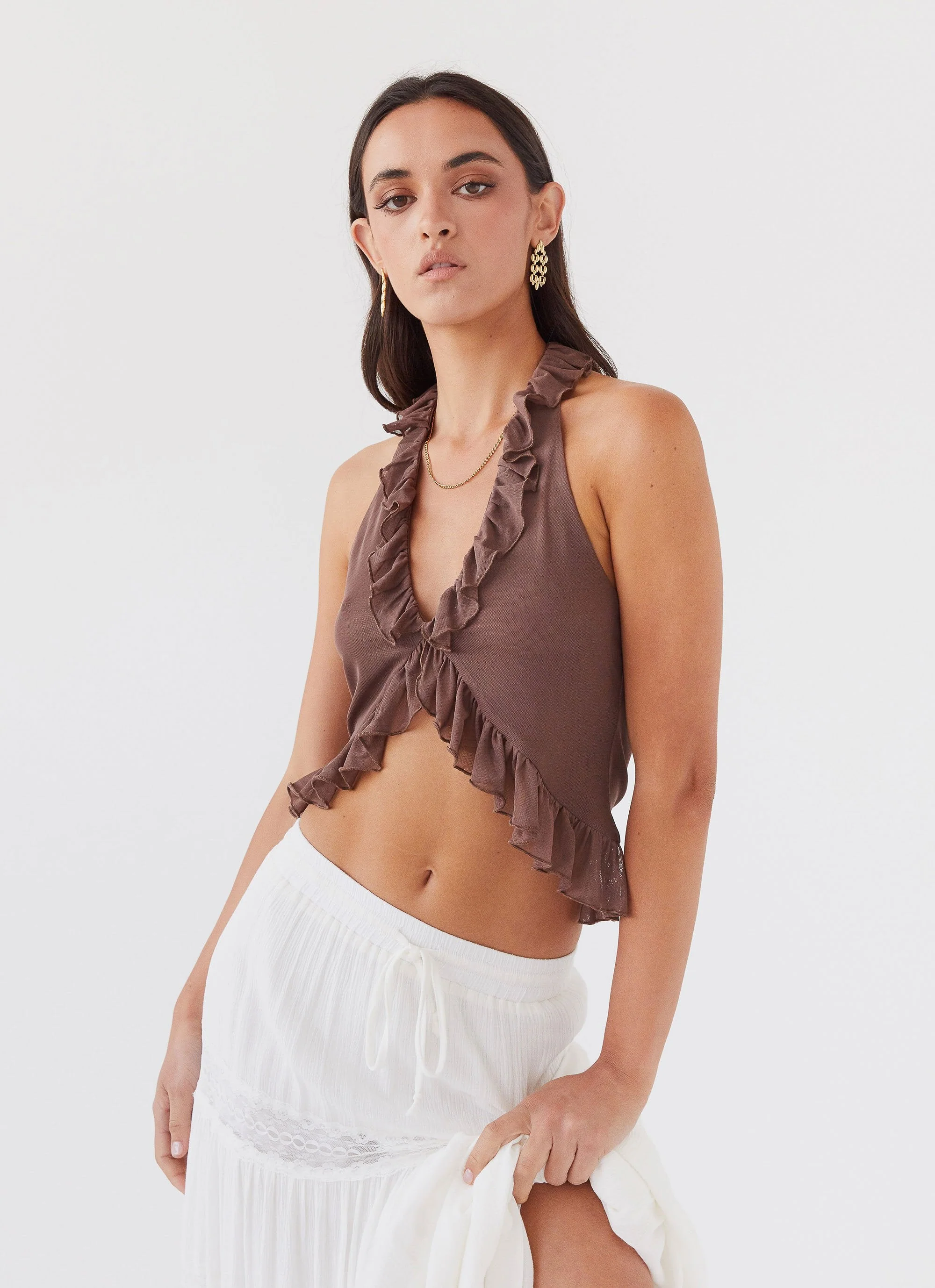 Tanya Mesh Frill Top - Chocolate - Image 5