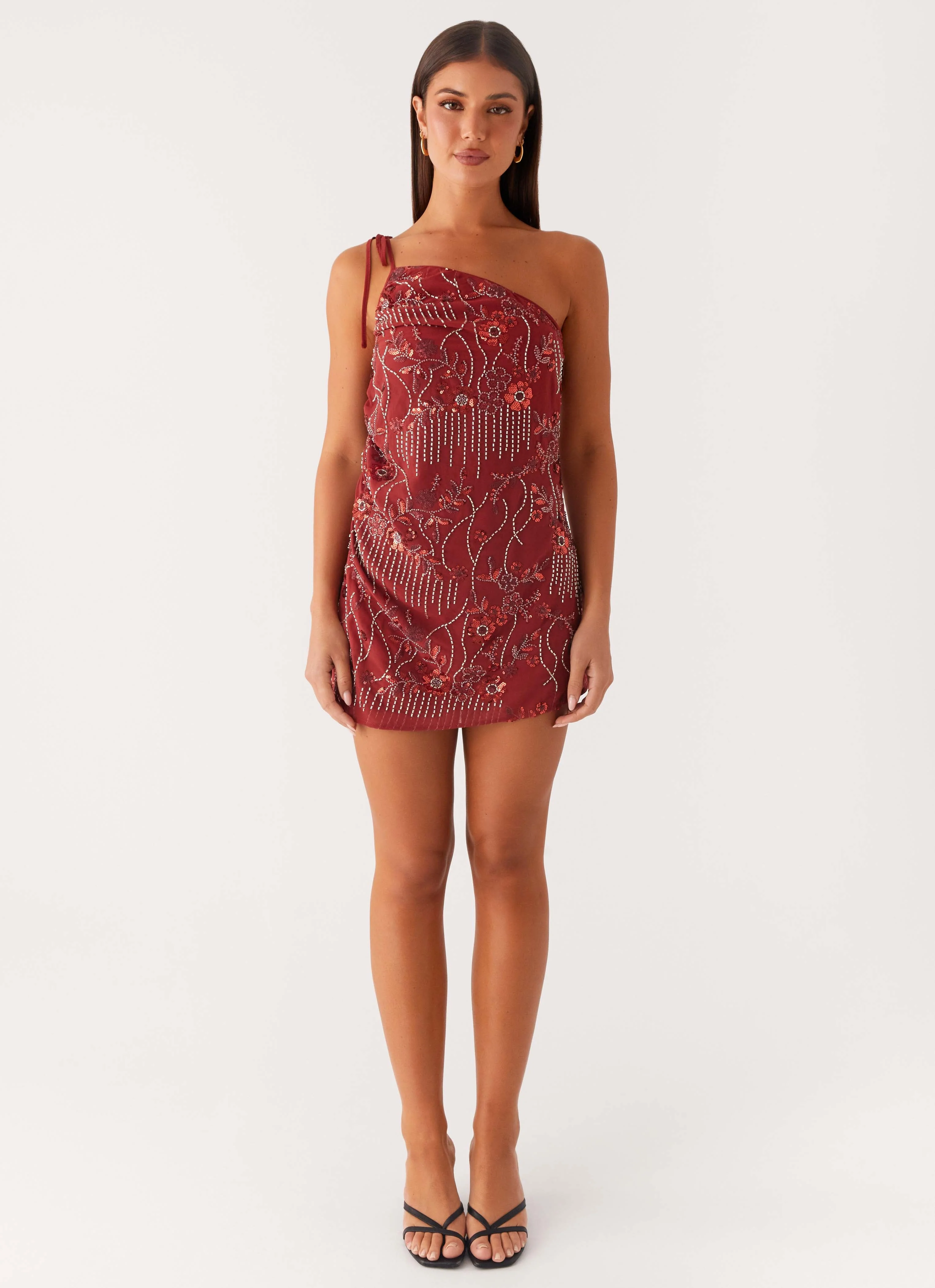 Temptational Beaded One Shoulder Mini Dress - Rust - Image 2