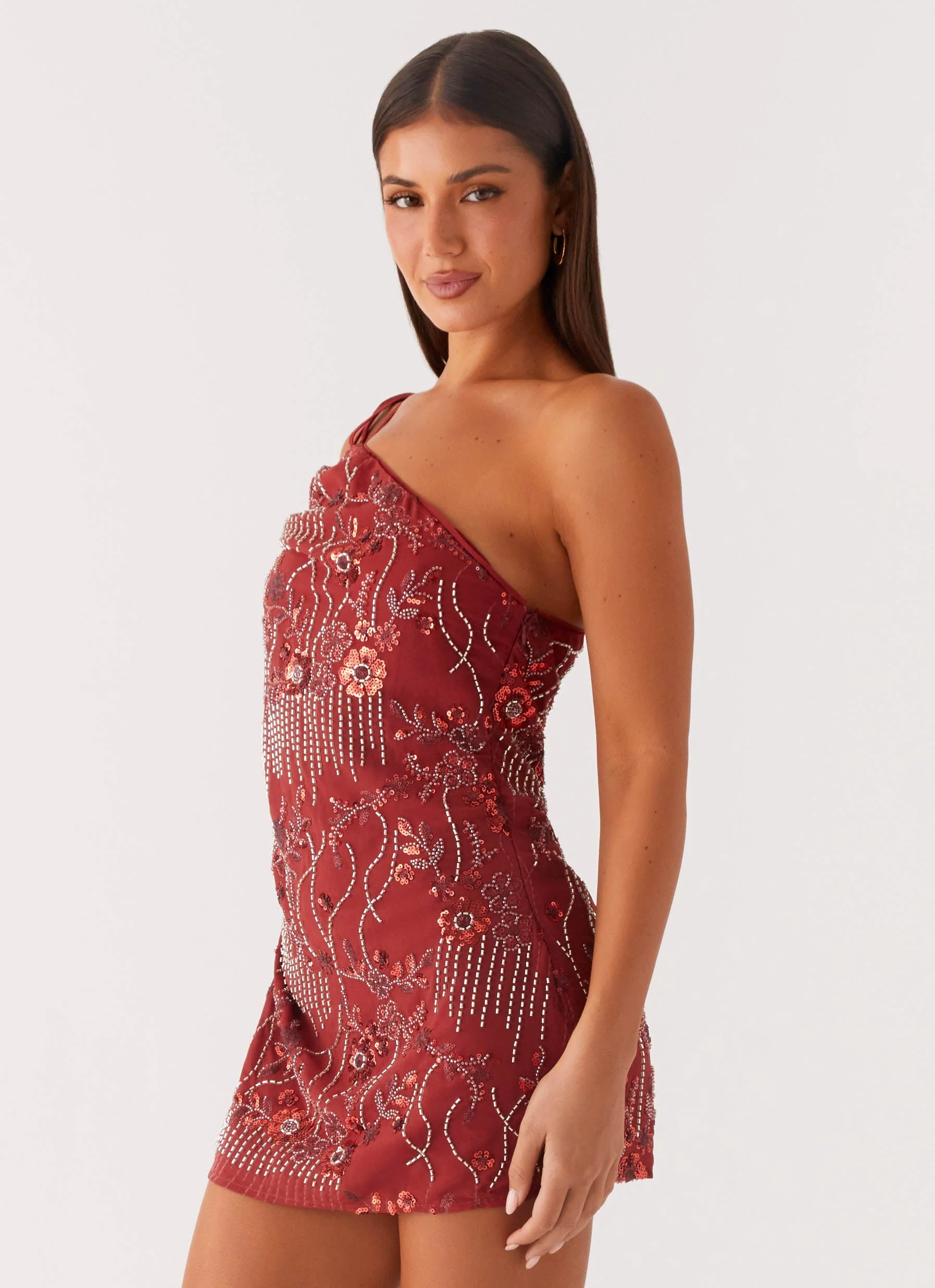 Temptational Beaded One Shoulder Mini Dress - Rust - Image 3
