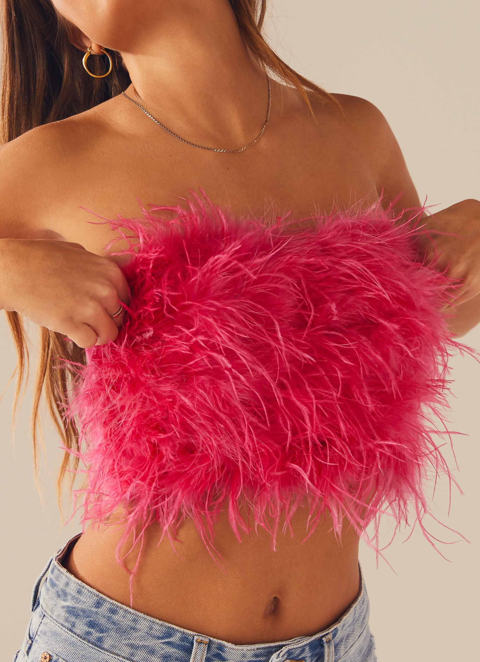 The Night Is Ours Feather Crop Top - Pink Cosmo - Image 2