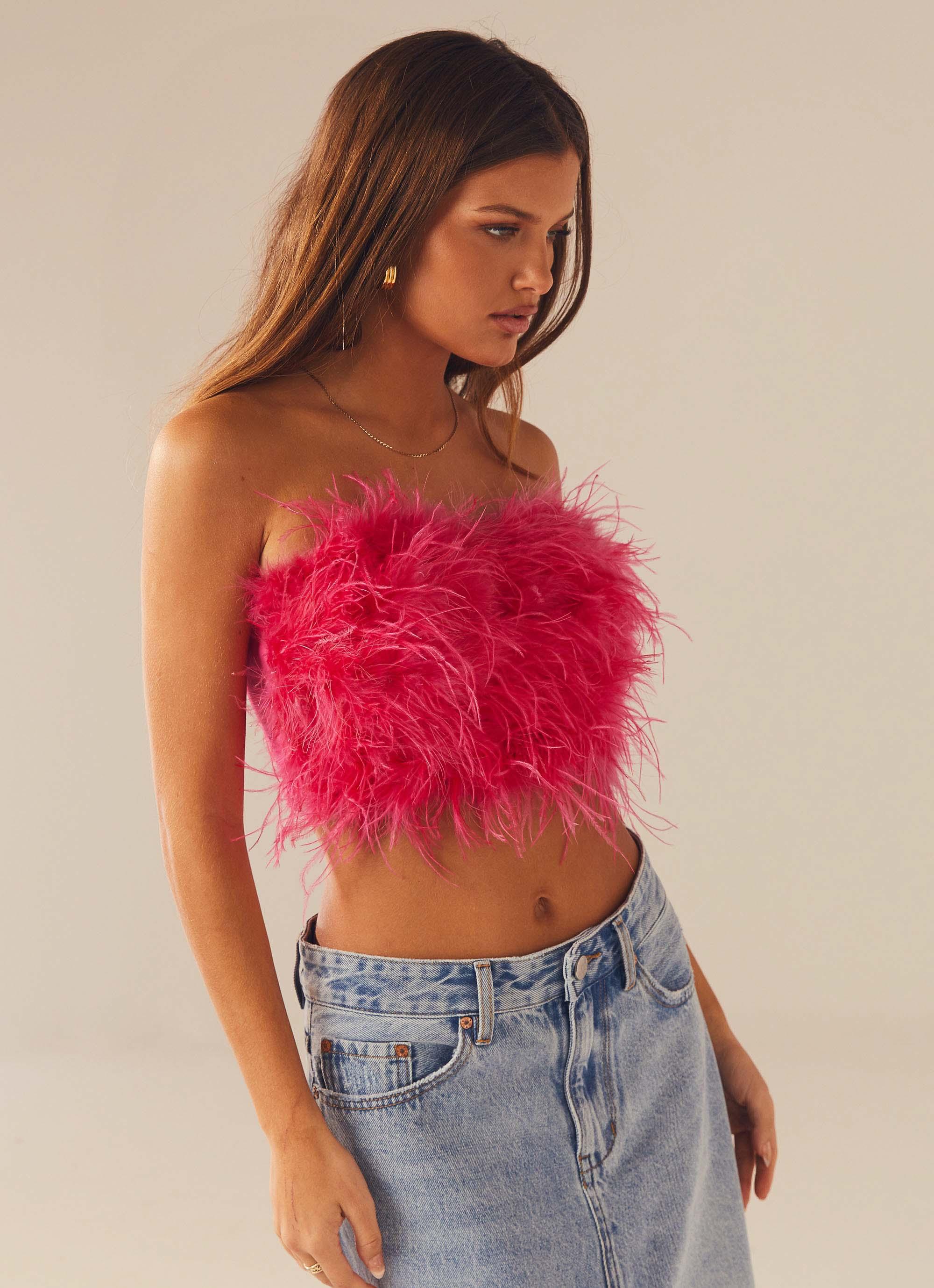 The Night Is Ours Feather Crop Top - Pink Cosmo - Image 3