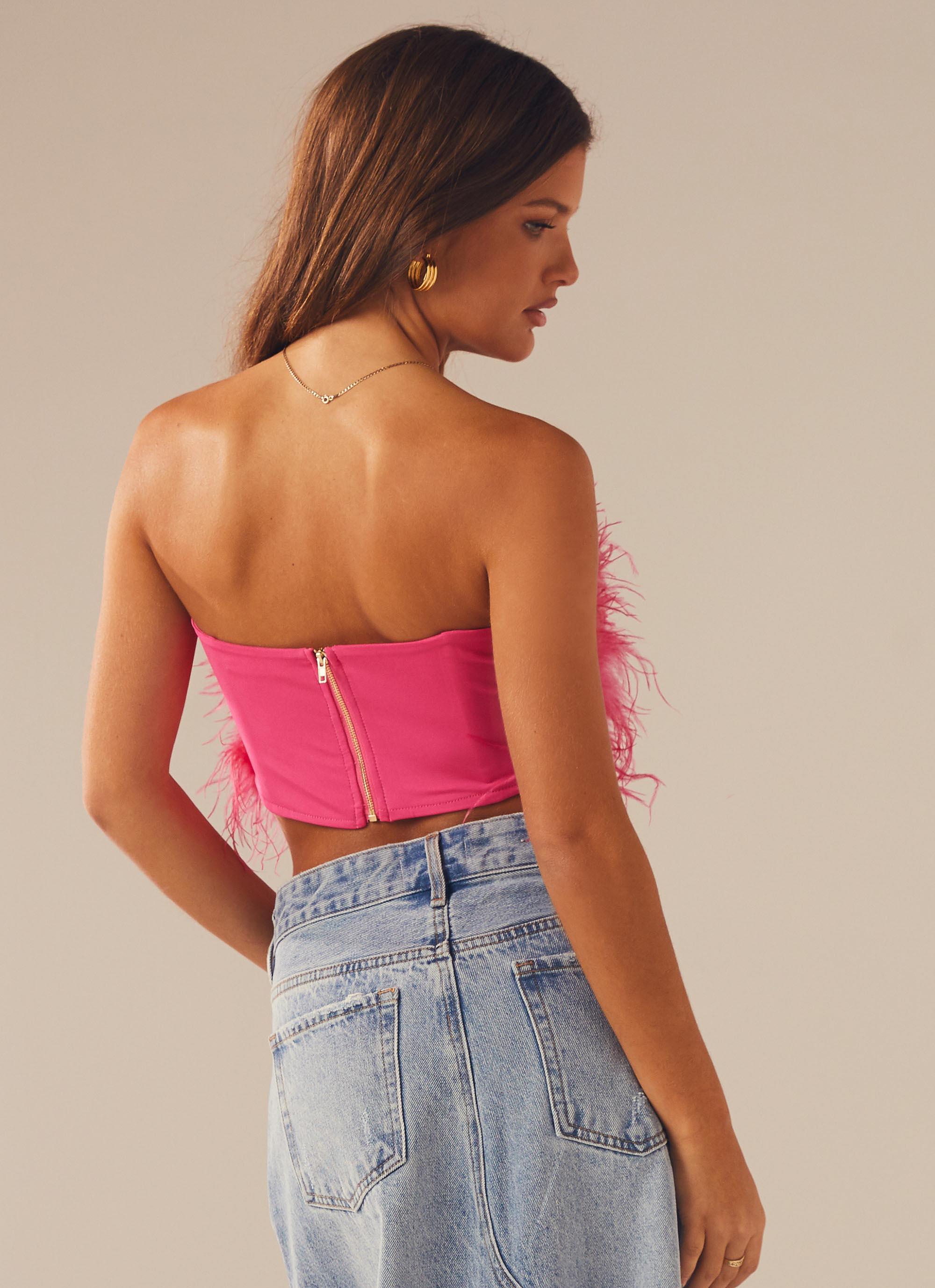 The Night Is Ours Feather Crop Top - Pink Cosmo - Image 4