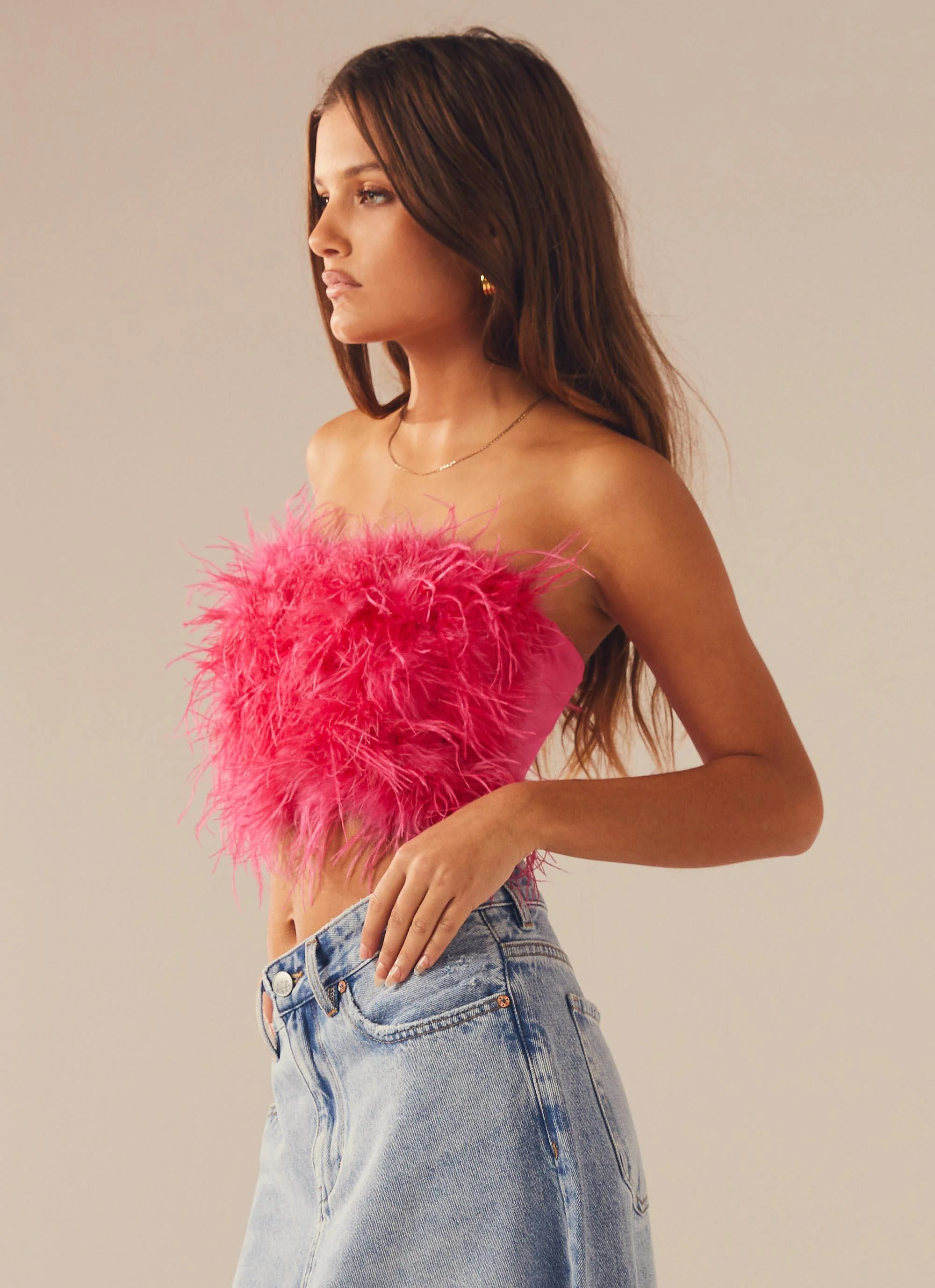 The Night Is Ours Feather Crop Top - Pink Cosmo - Image 6