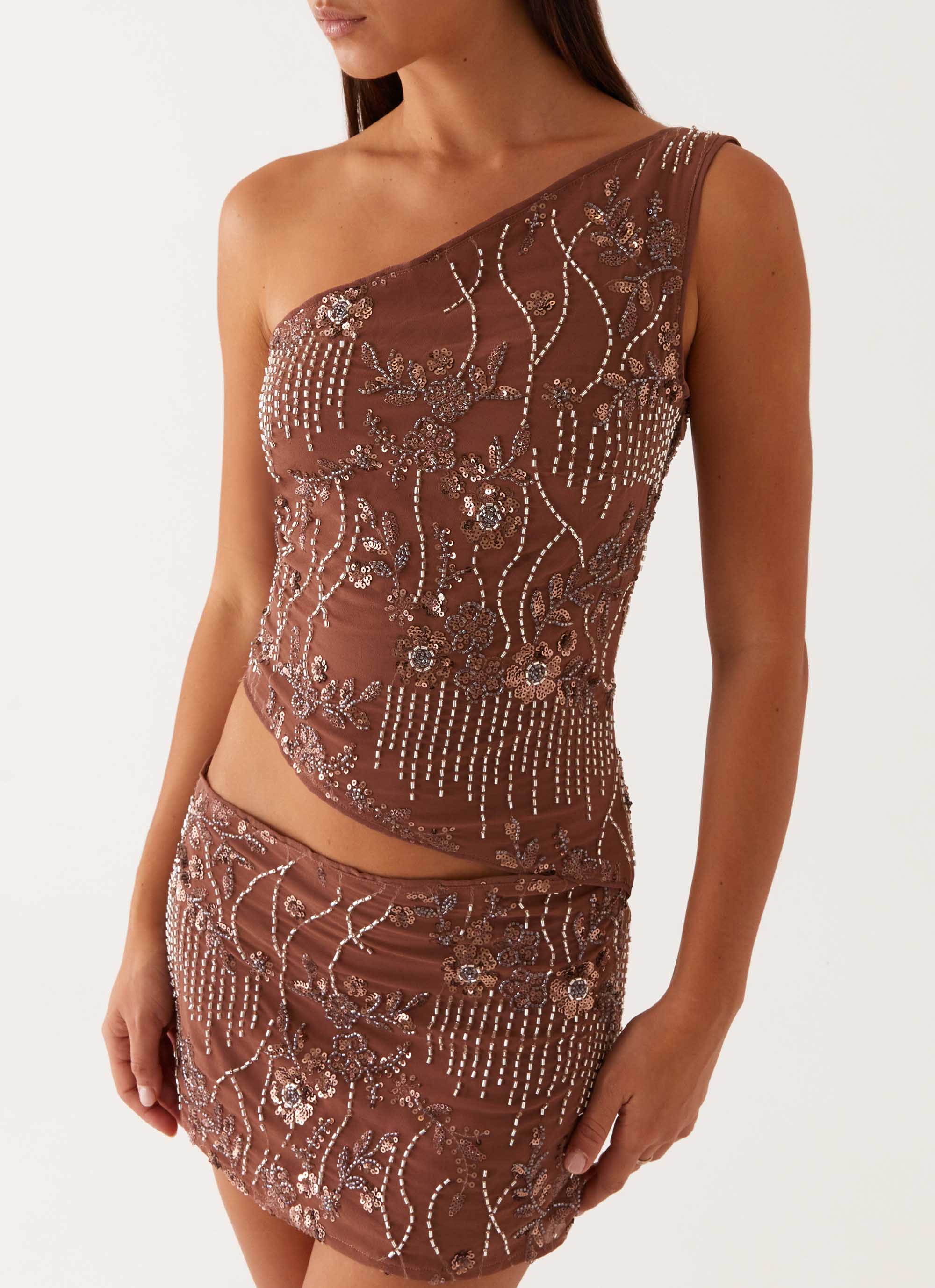 Through The Night One Shoulder Mini Dress - Chocolate - Image 5