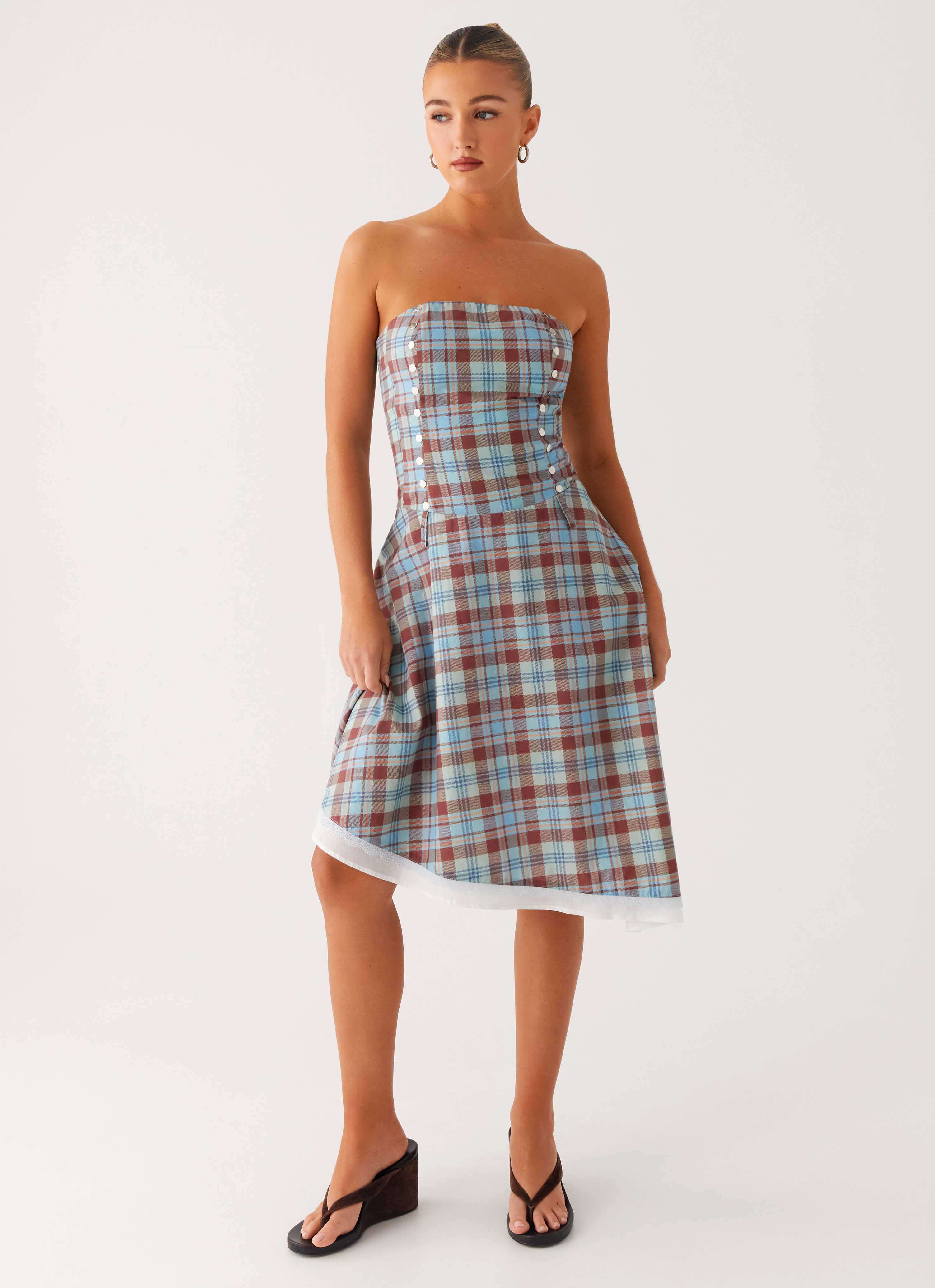 Tonie Strapless Midi Dress - Shoreline Check - Image 4