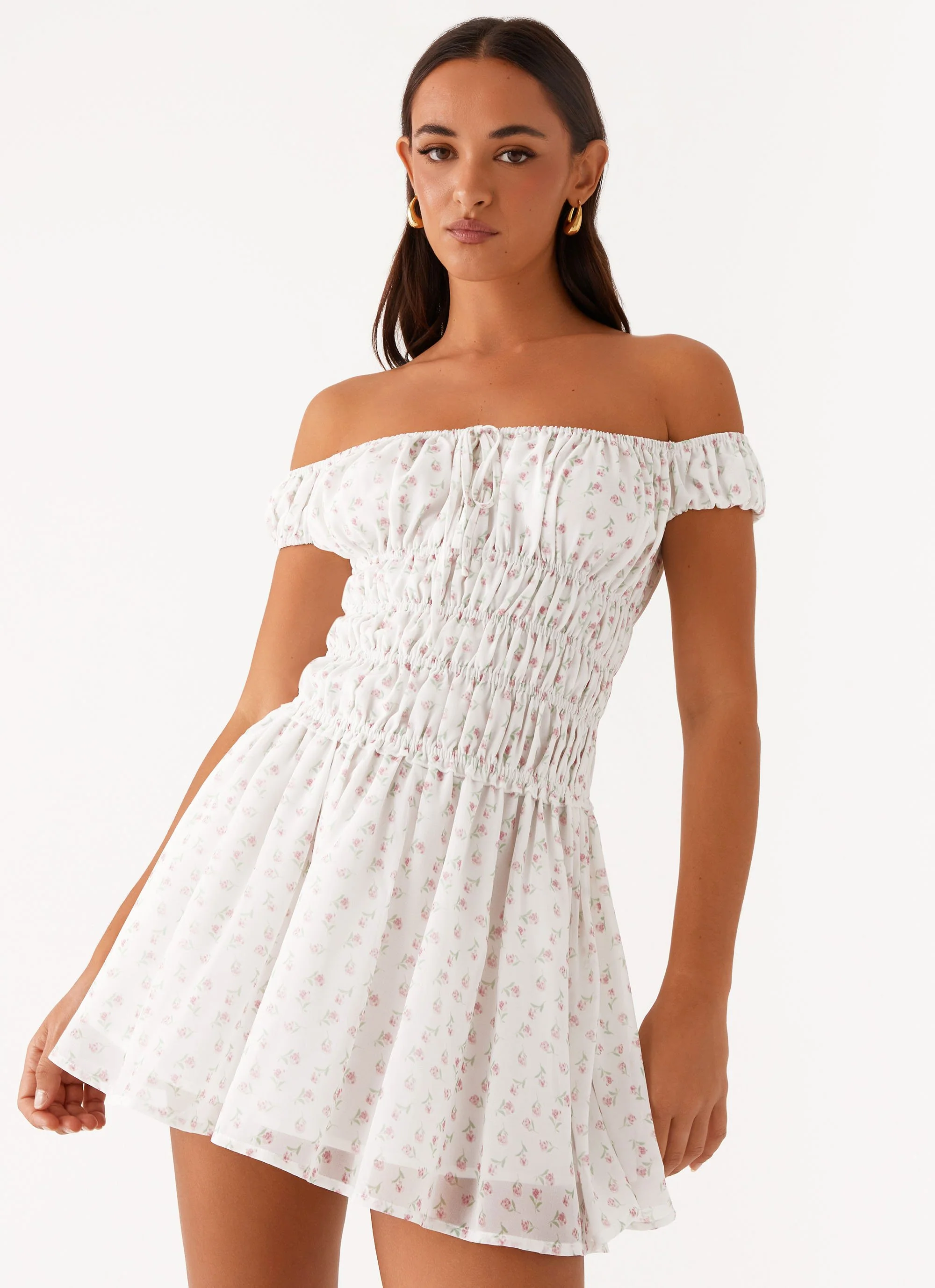 Total Bliss Shirred Mini Dress - White Floral - Image 5