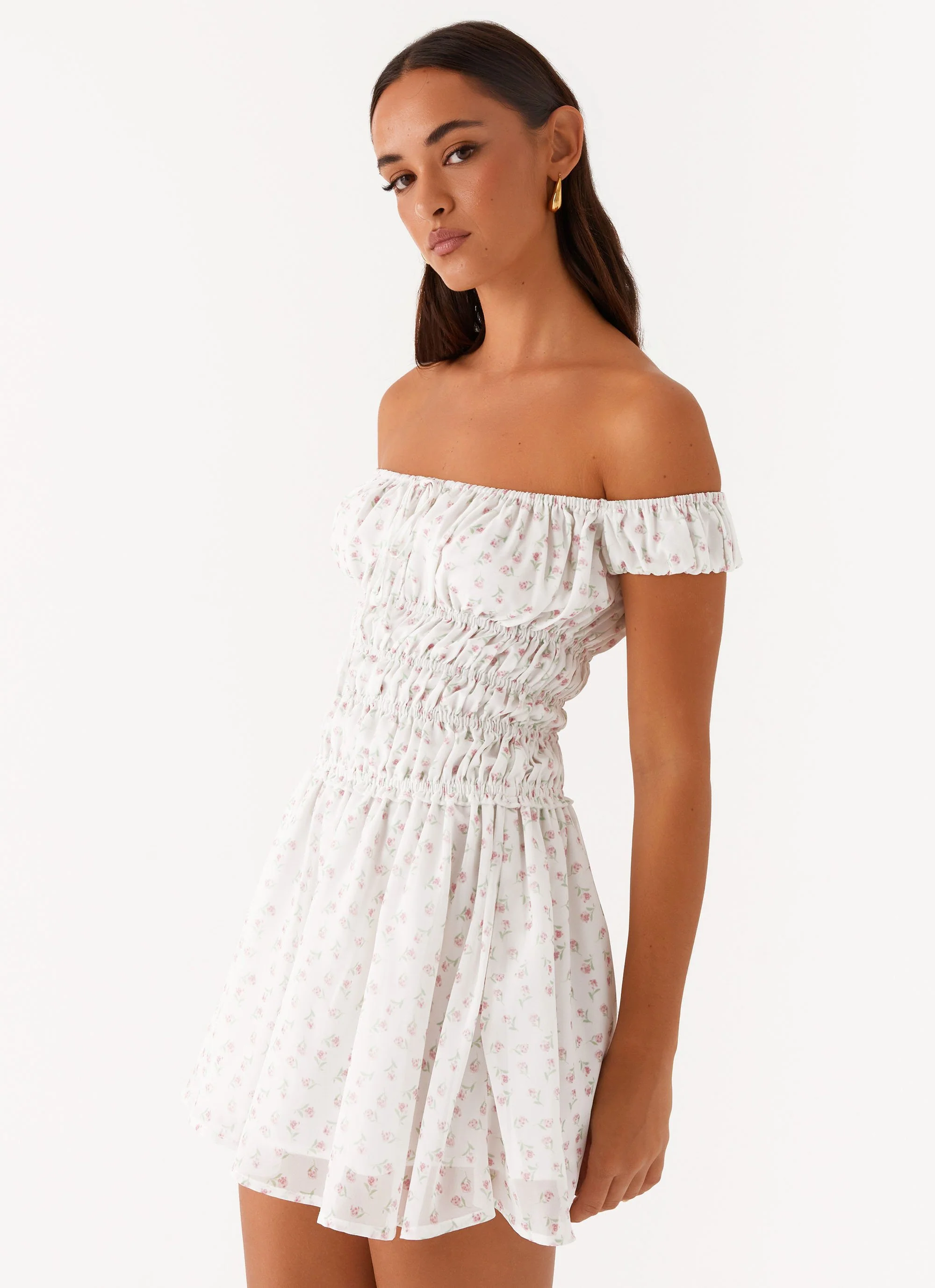 Total Bliss Shirred Mini Dress - White Floral - Image 6