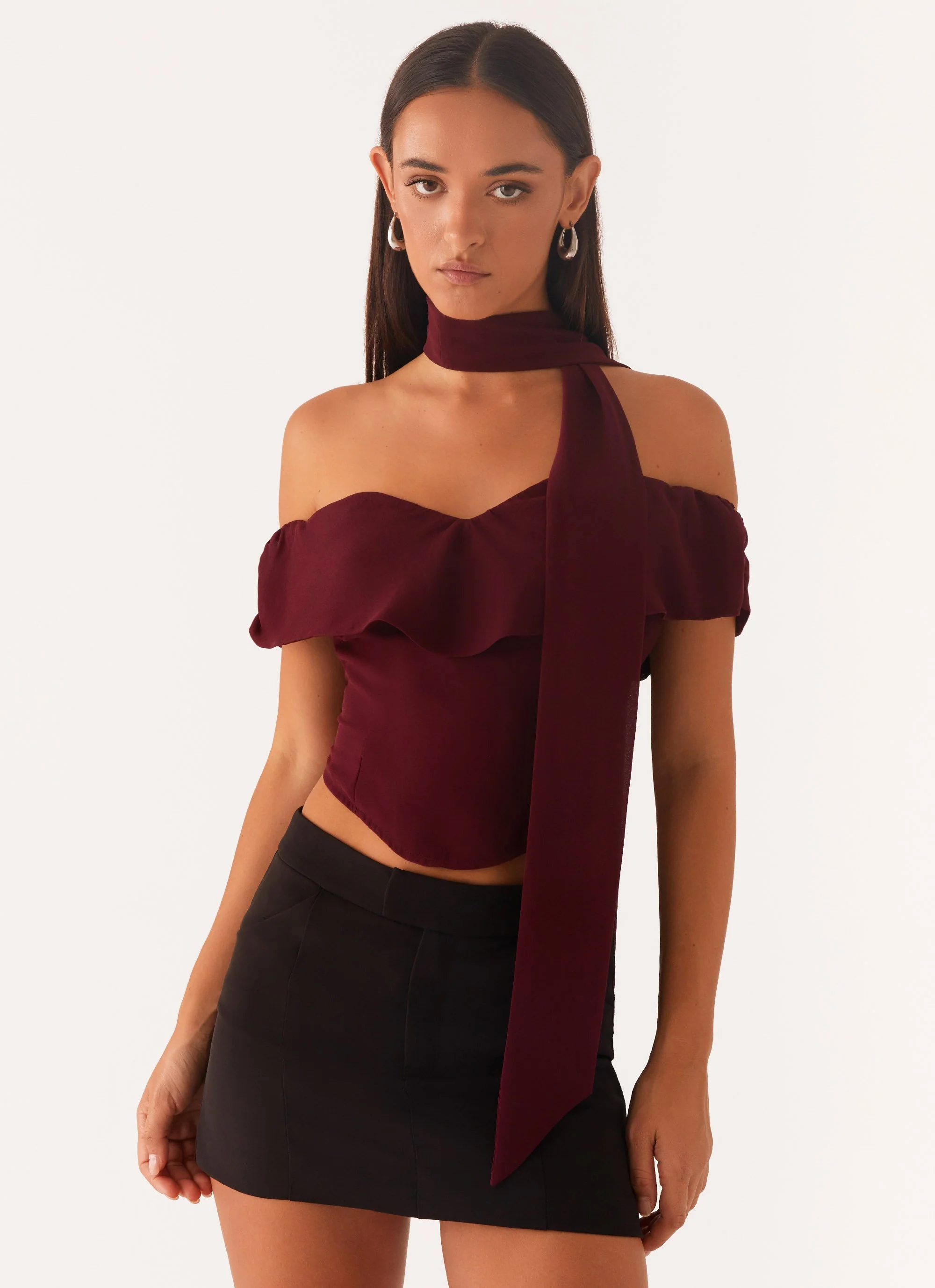 Trinity Chiffon Scarf Top - Deep Maroon - Image 4