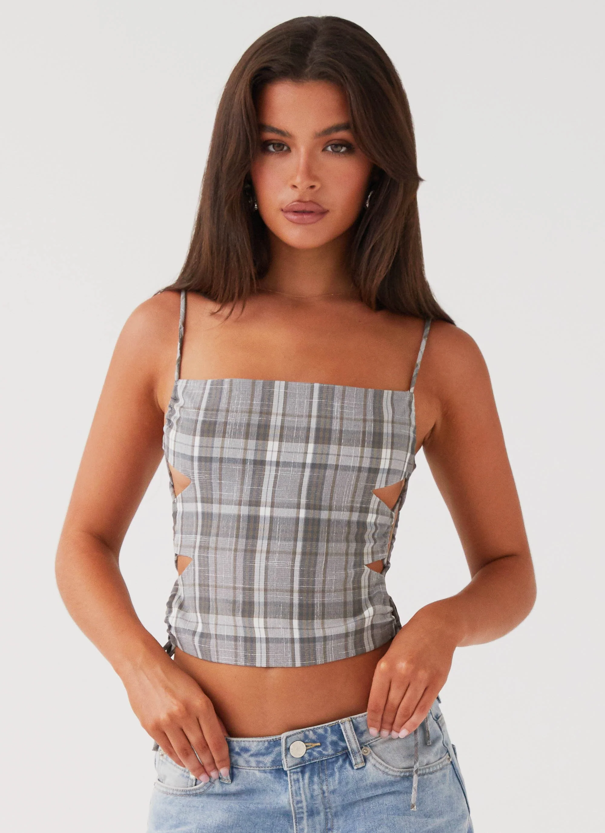 Trista Tie Top - Grey Tartan - Image 5