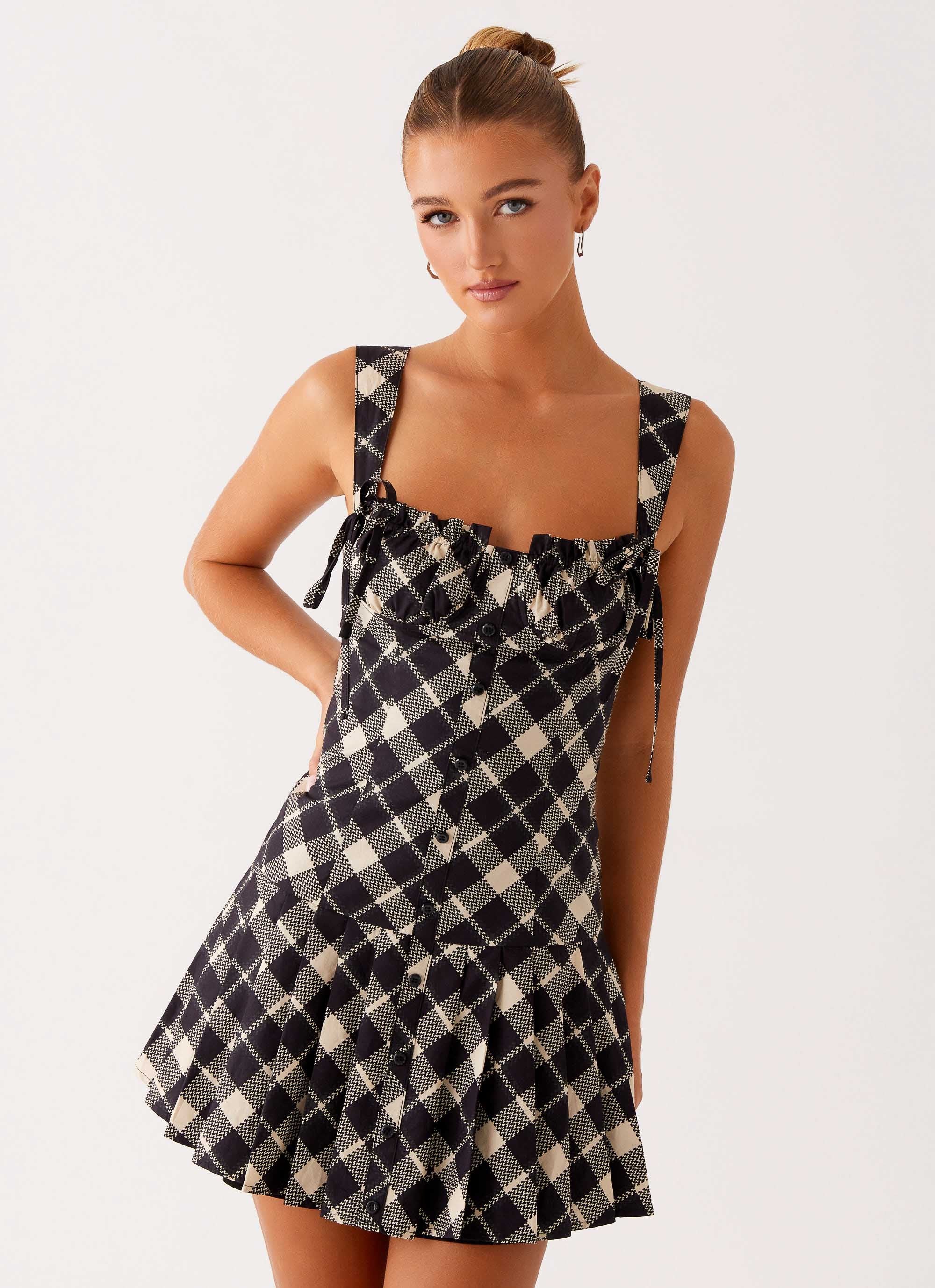 Tuni Cotton Mini Dress - Taupe Check - Image 2