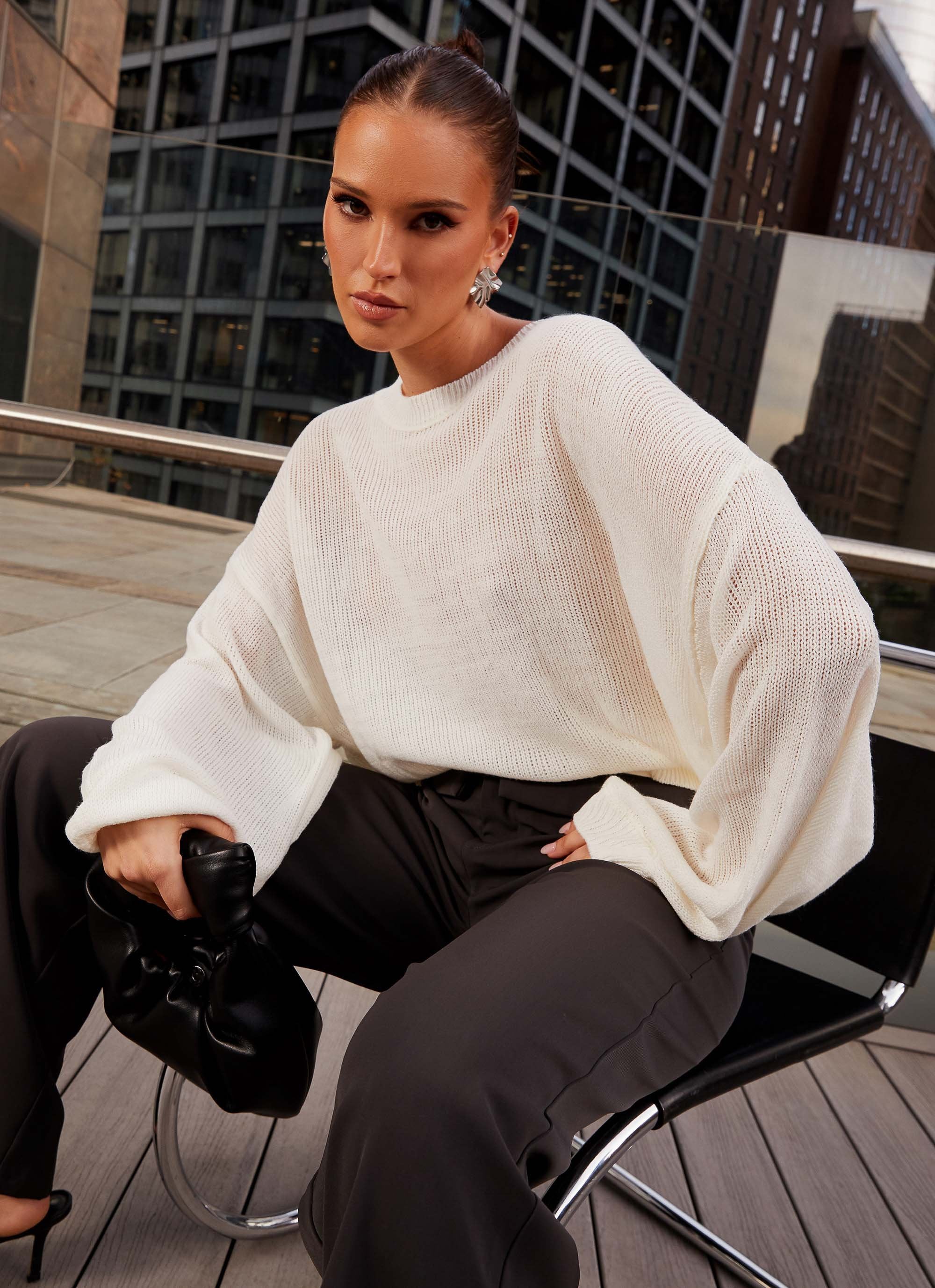 Tyla Oversized Knit Sweater - White - Image 2