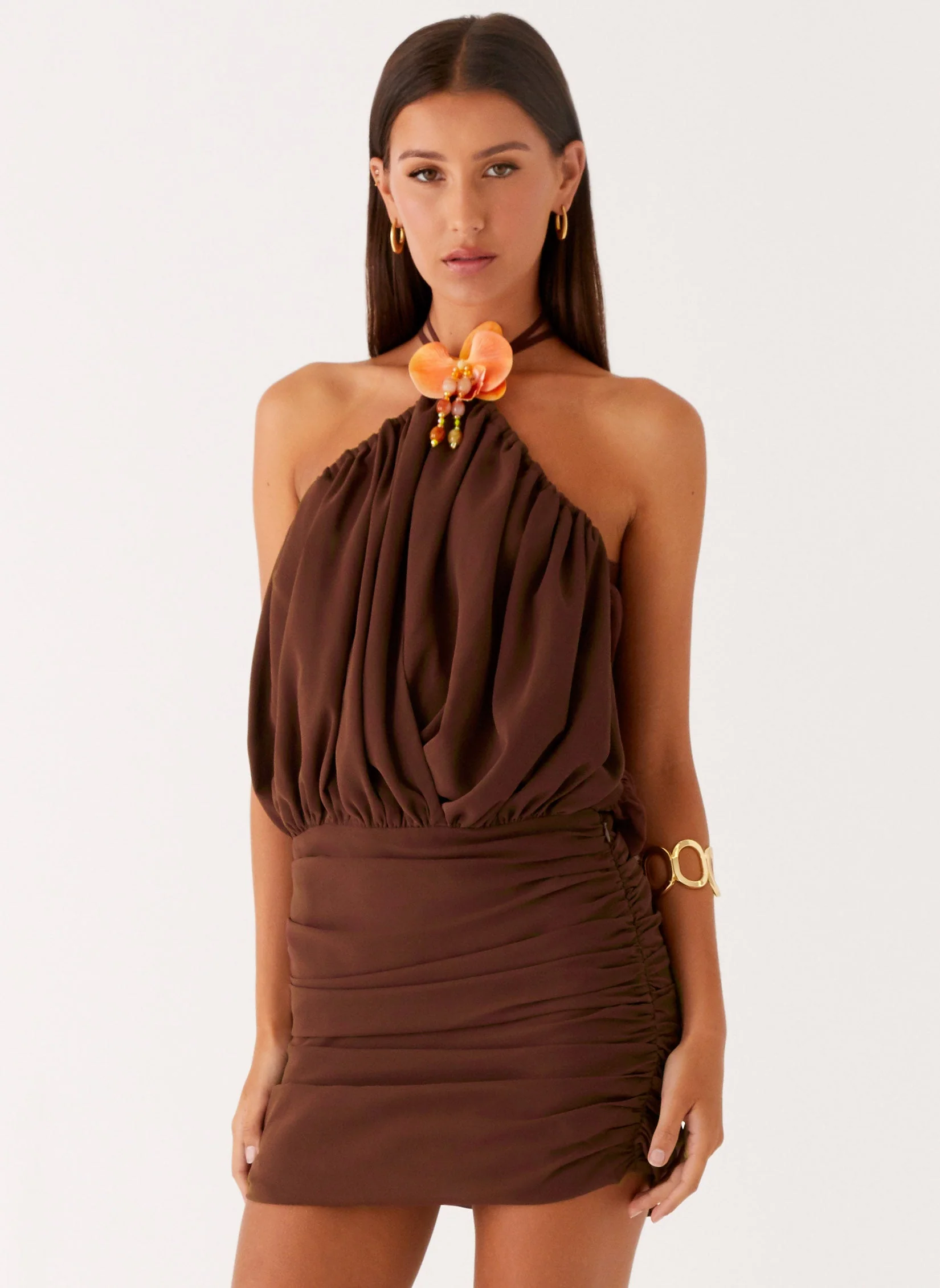 Vidia Flower Mini Dress - Chocolate - Image 6