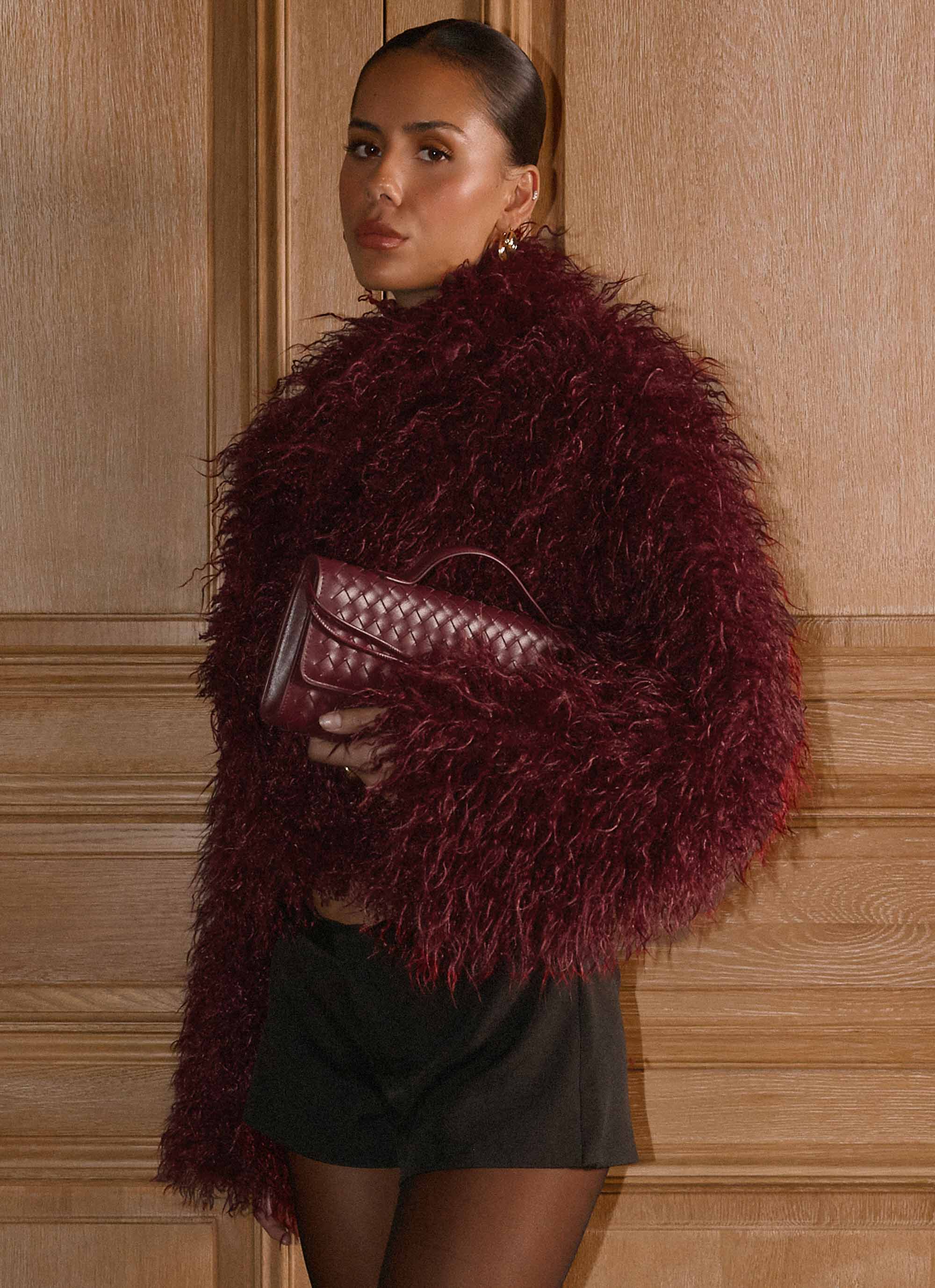 Virginia Cropped Faux Fur Jacket - Maroon - Image 3