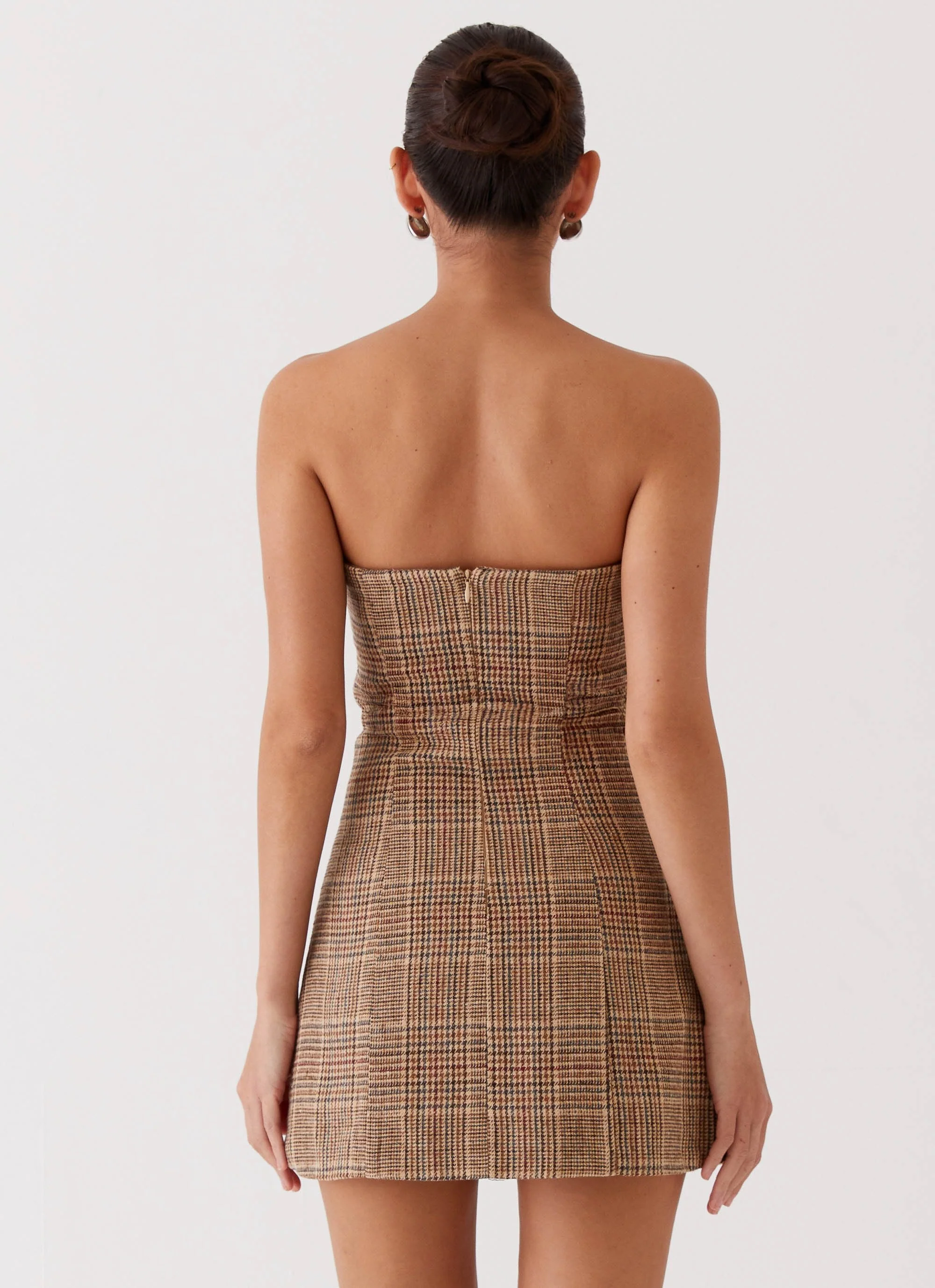 Vivenda Strapless Mini Dress - Brown Plaid - Image 6