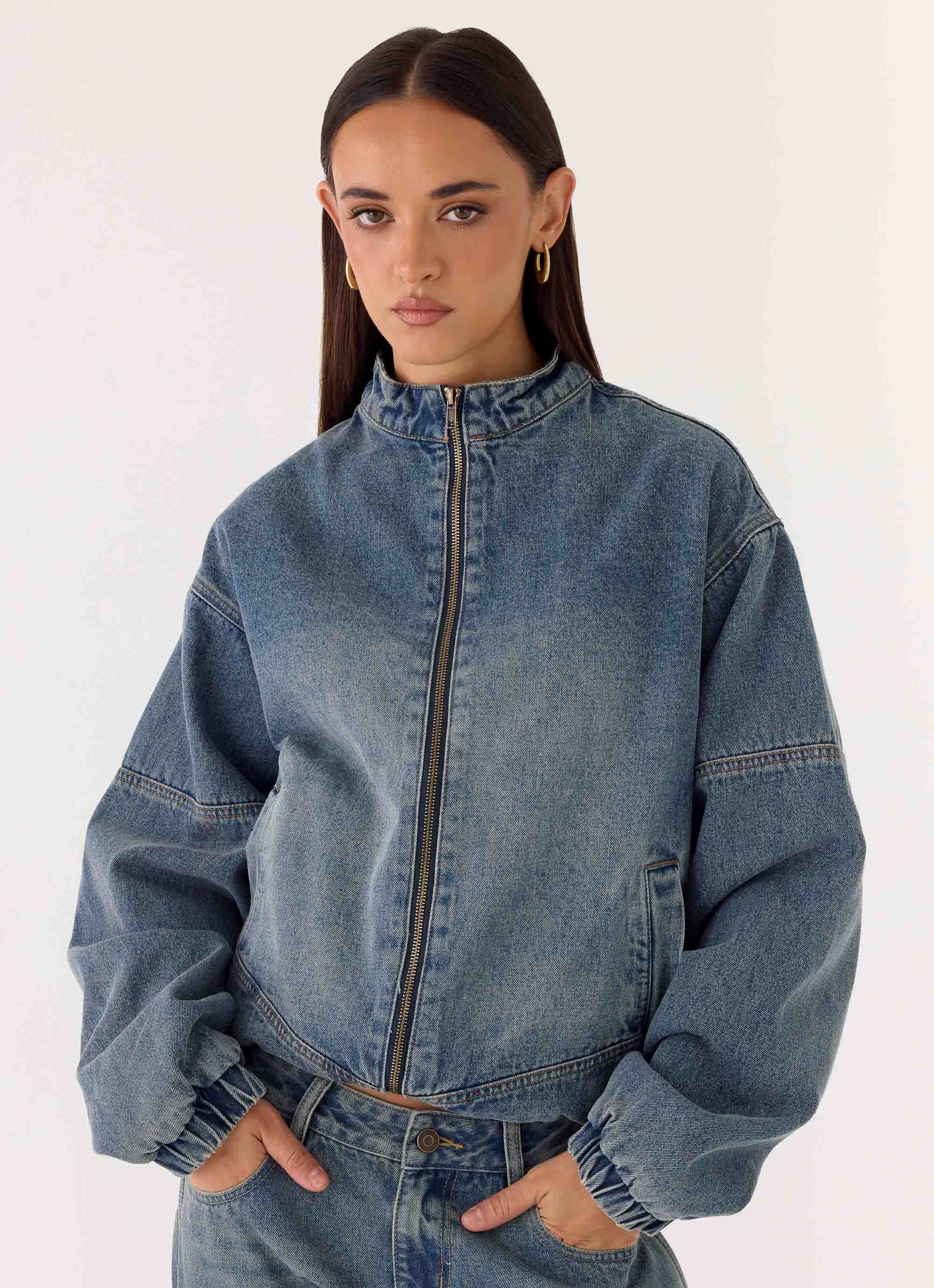 Waylon Denim Bomber Jacket - Mid Wash Blue - Image 8