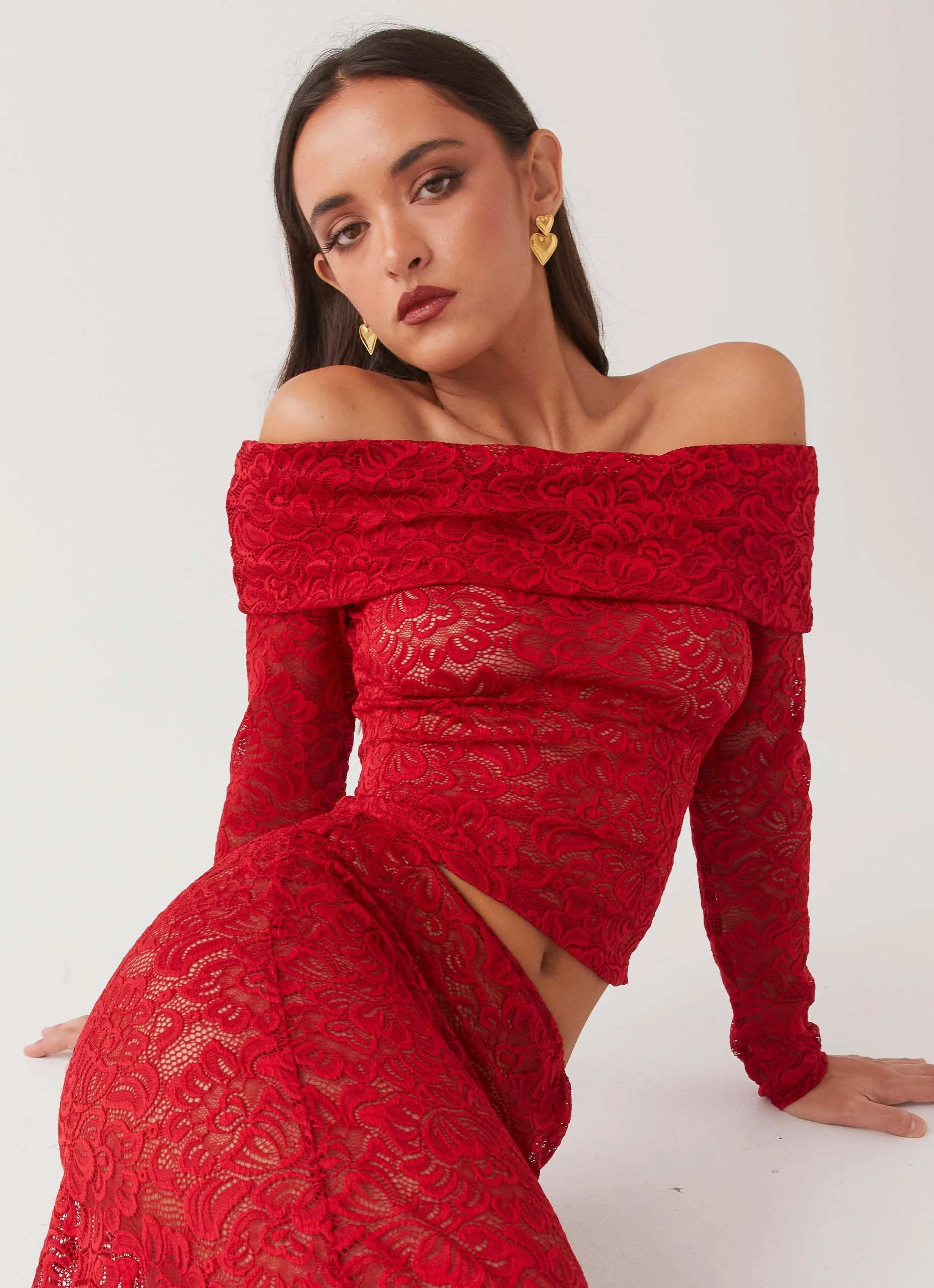 Zephyra Lace Long Sleeve Top - Red - Image 2